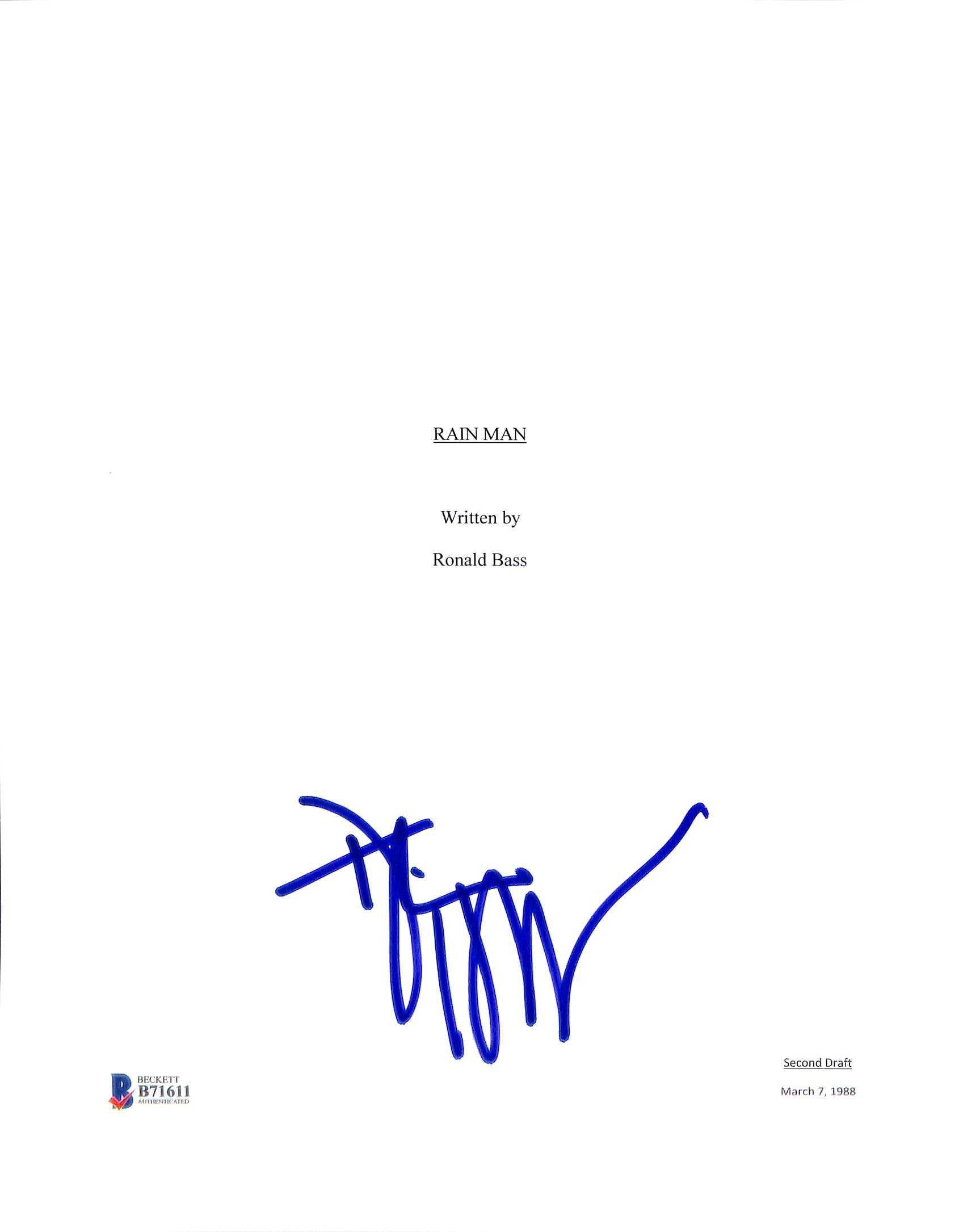 Dustin Hoffman Authentic Signed 8.5x11 Rain Man Script Cover BAS #B71611