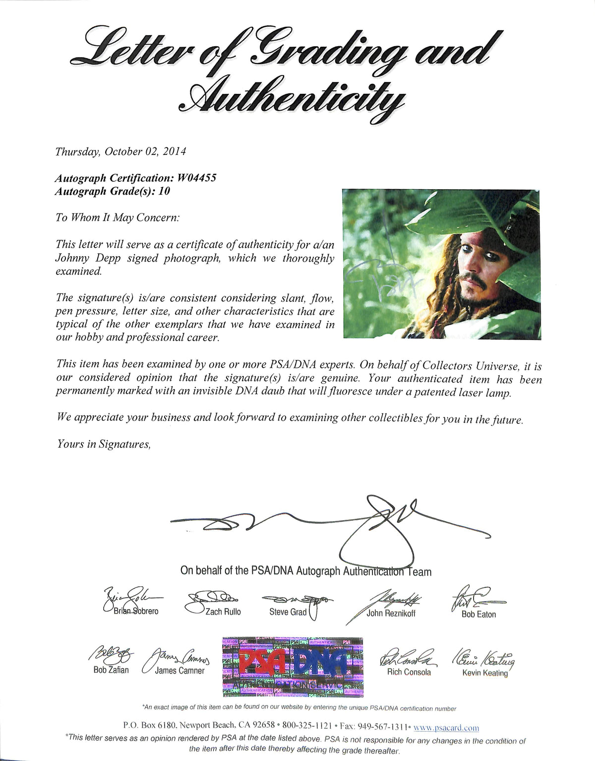 Johnny Depp Pirates Of The Caribbean Signed 11x14 Photo Graded 10! PSA #W04455