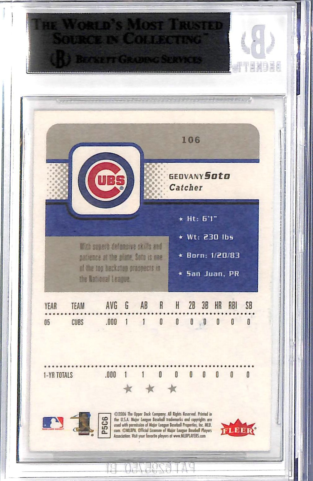Cubs Geovany Soto Authentic Signed 2006 Fleer #106 RC Auto Card BAS Slabbed