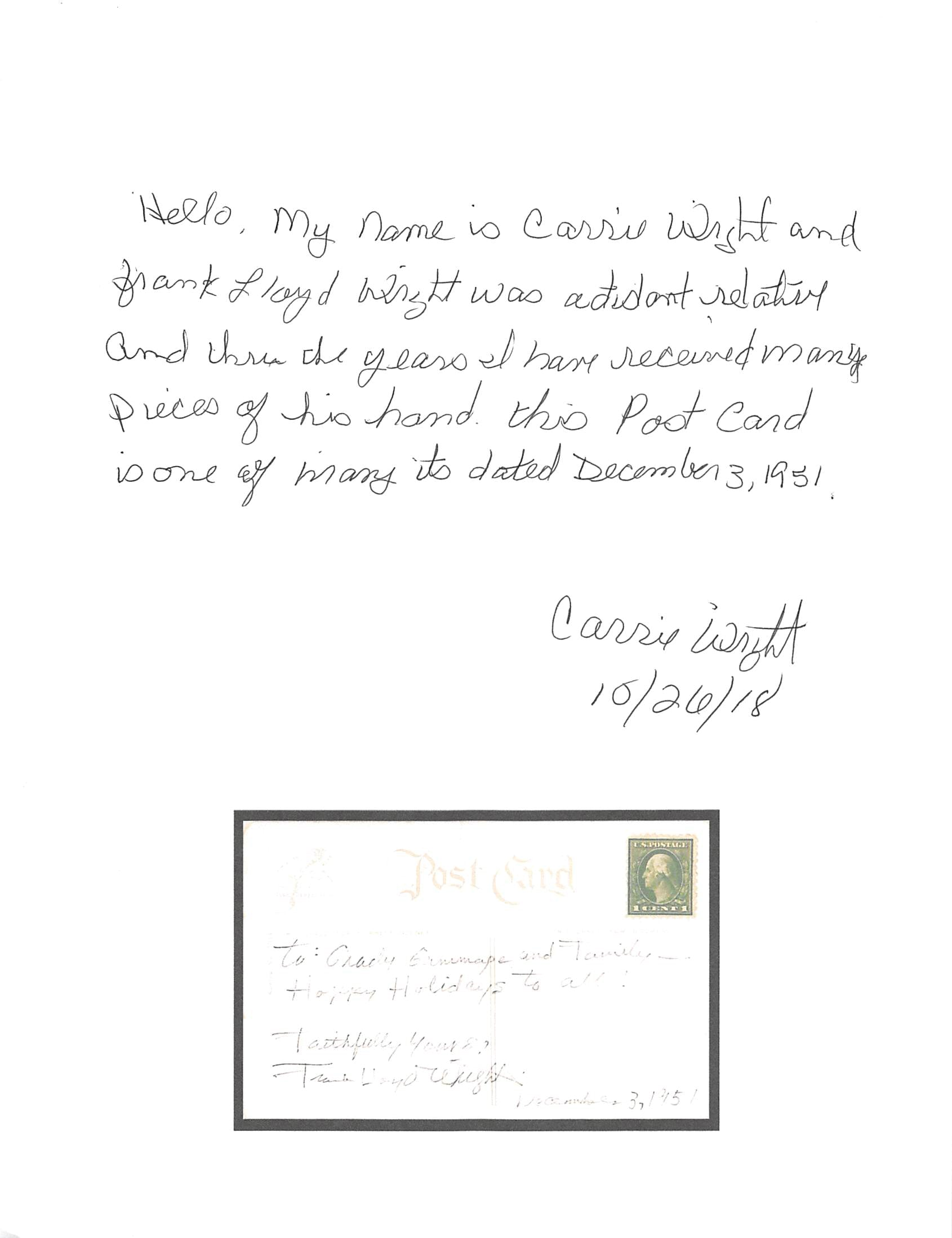 Frank Lloyd Wright Signed 3.5x5.5 Postcard Dated December 3, 1951 BAS Slabbed