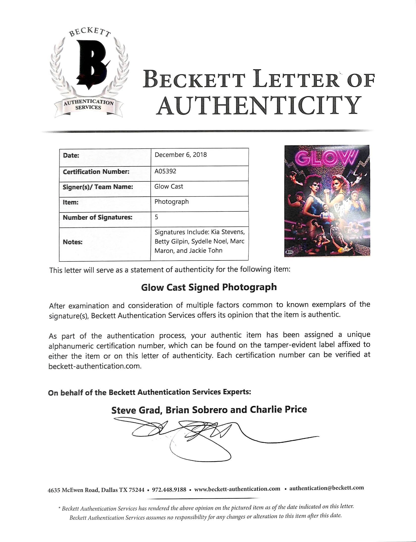 Glow (5) Maron, Stevens, Gilpin, Noel & Tohn Signed 11x14 Photo BAS #A05392