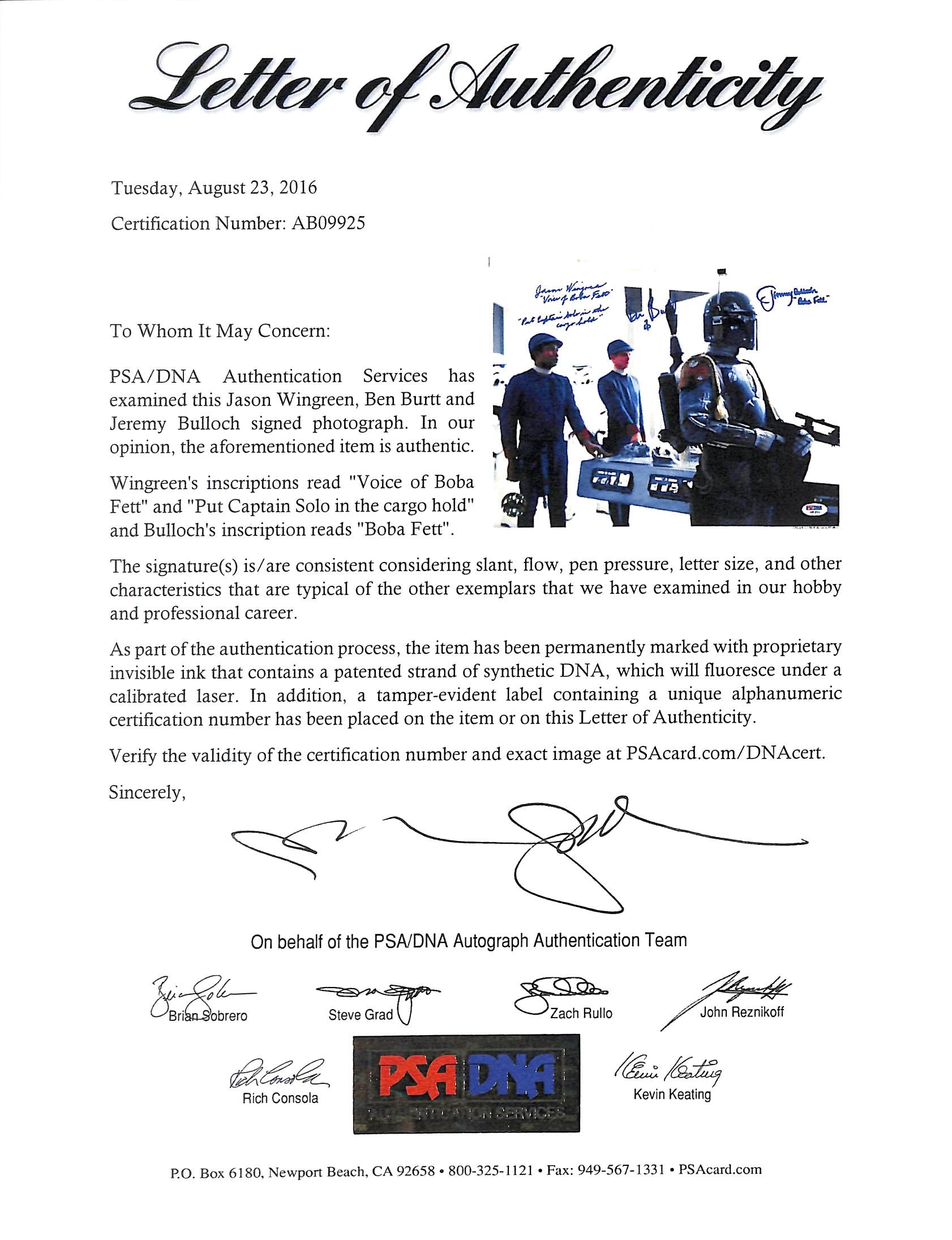 Star Wars (3) Wingreen, Bullock & Burtt Authentic Signed 11x14 Photo BAS #A15136