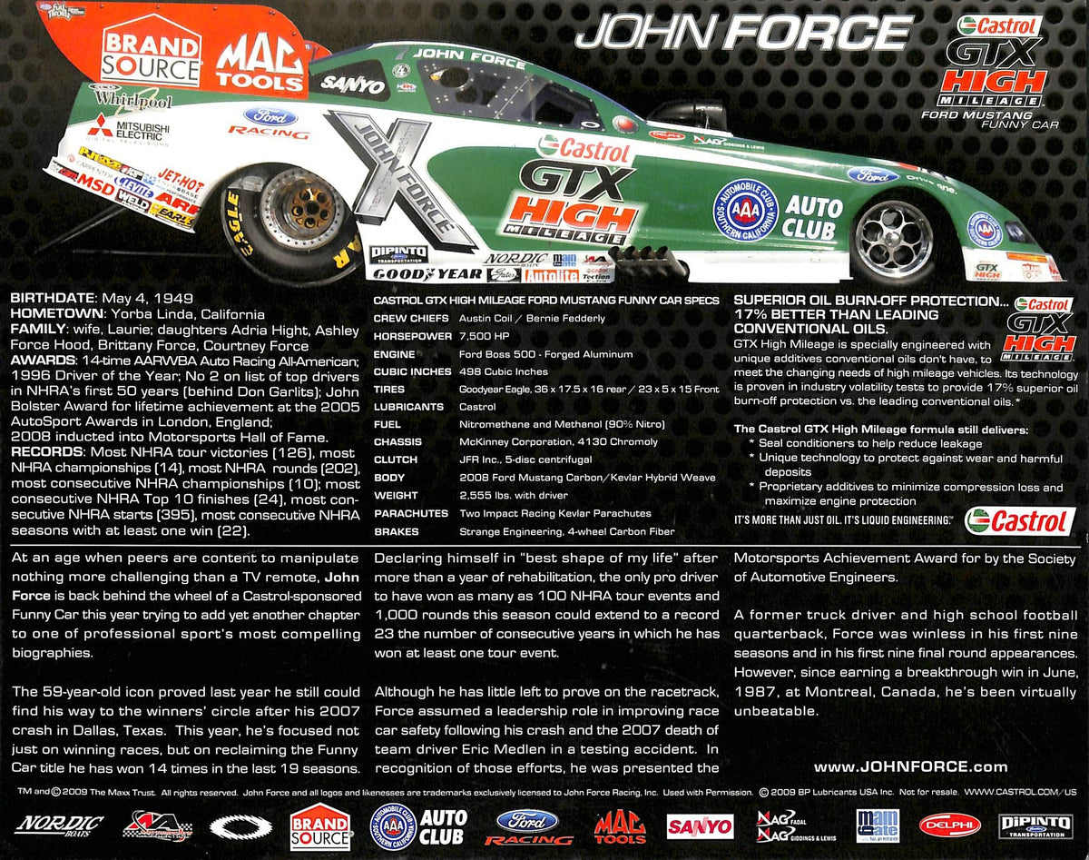 John Force NHRA Drag Racing Authentic Signed 8x10 Stat Photo BAS #G31113