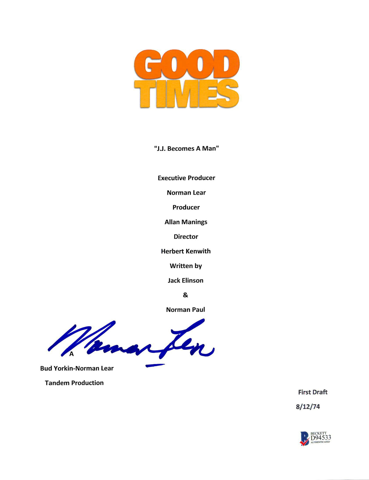 Norman Lear Authentic Signed Good Times TV Script Cover Autographed BAS #D94533