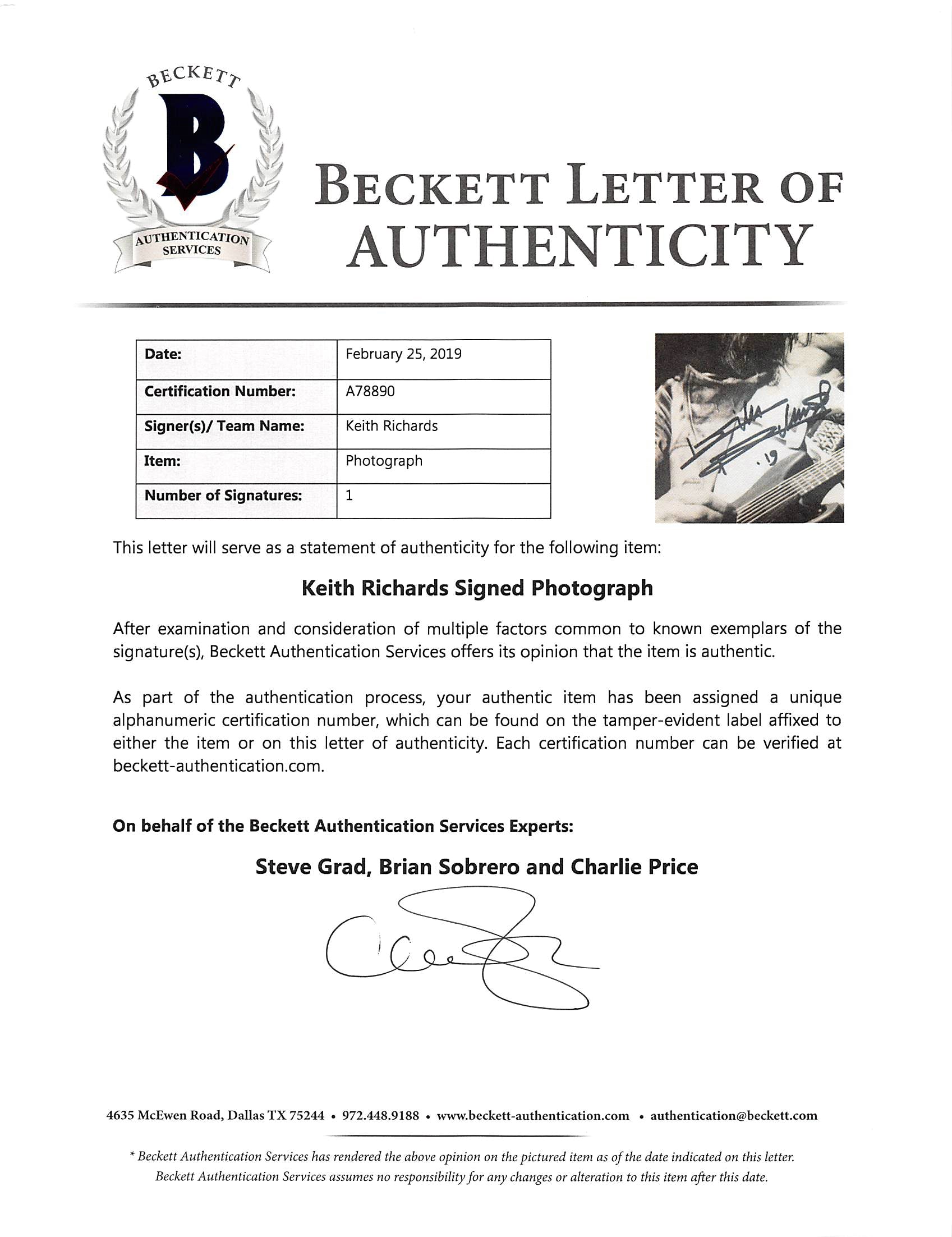 Keith Richards The Rolling Stones Authentic Signed 11x14 Photo BAS #A78890
