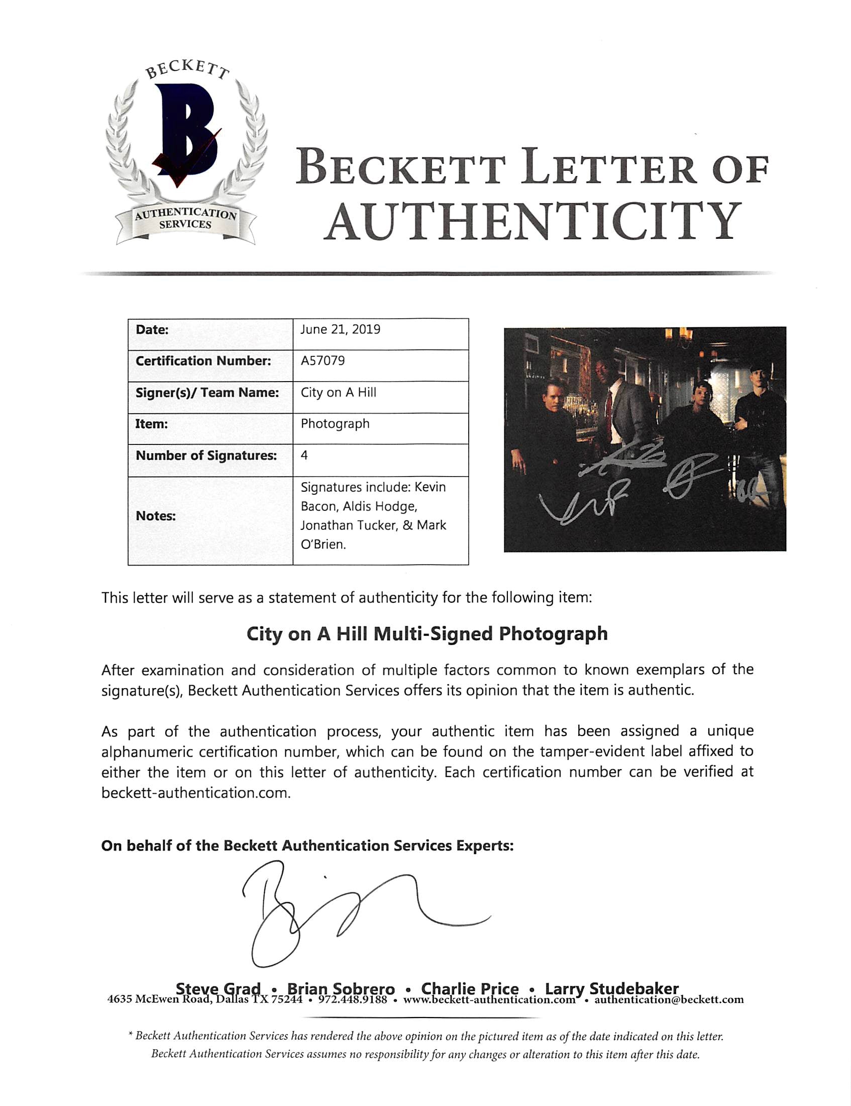 City On A Hill (4) Bacon, Hodge, Tucker & O’Brien Signed 8x10 Photo BAS #A57079