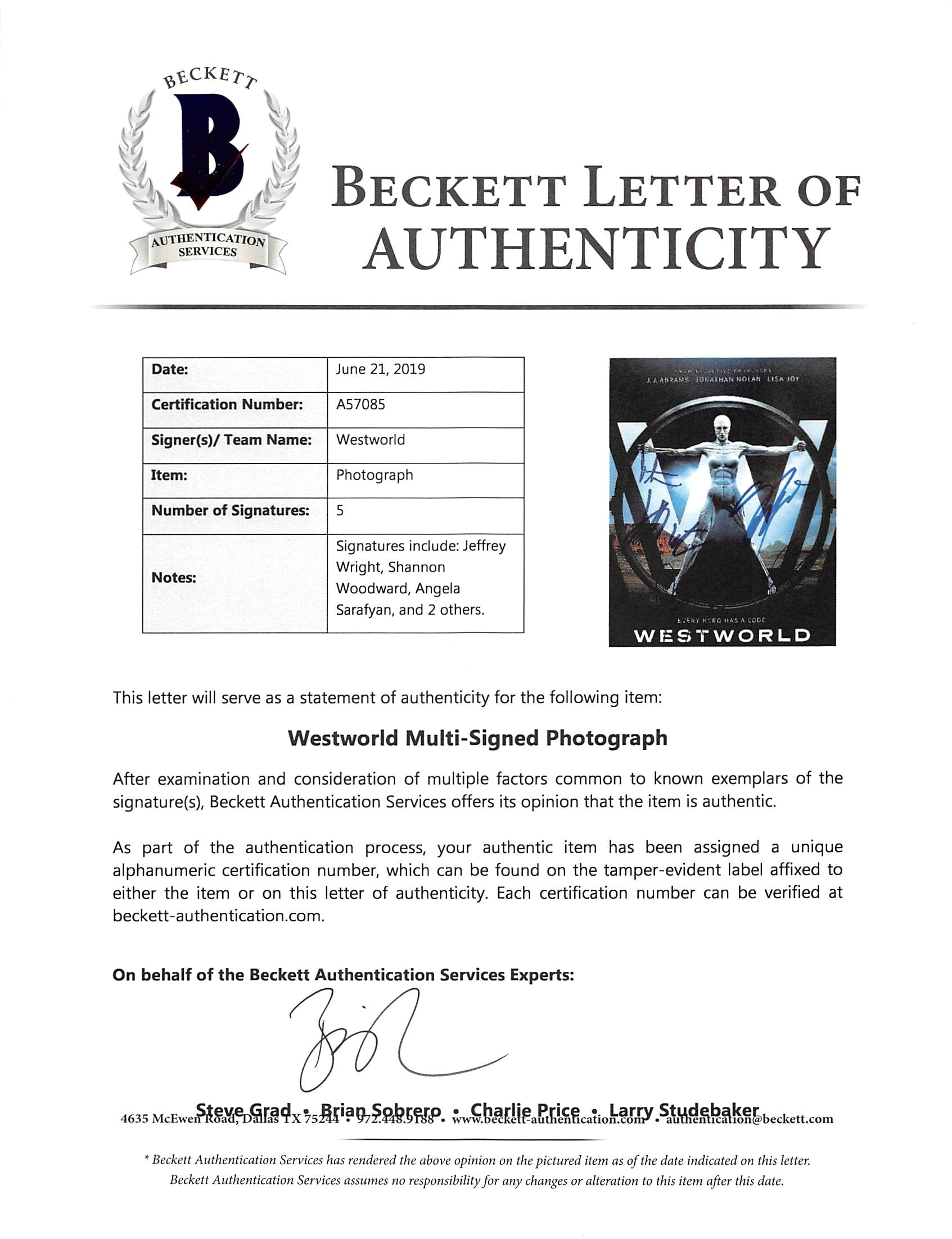 Westworld (5) Wright, Sarafyan, Woodward +2 Signed 8x10 Photo BAS #A57085