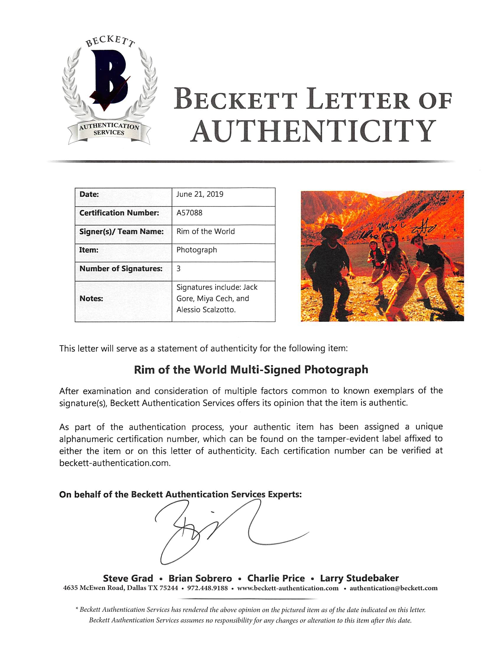 Rim Of The World (3) Gore, Cech & Scalzotto Signed 8x10 Photo BAS #A57088