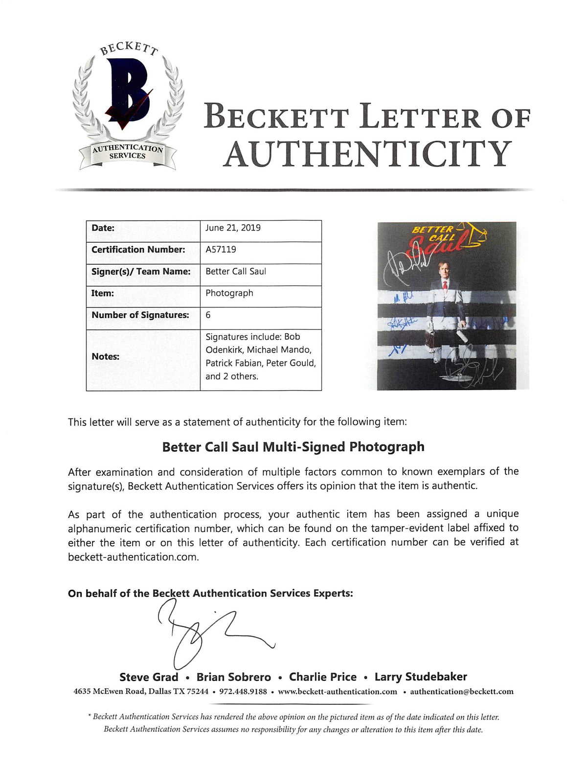 Better Call Saul (6) Odenkirk, Mando, Fabian, +3 Signed 12x18 Photo BAS #A57119
