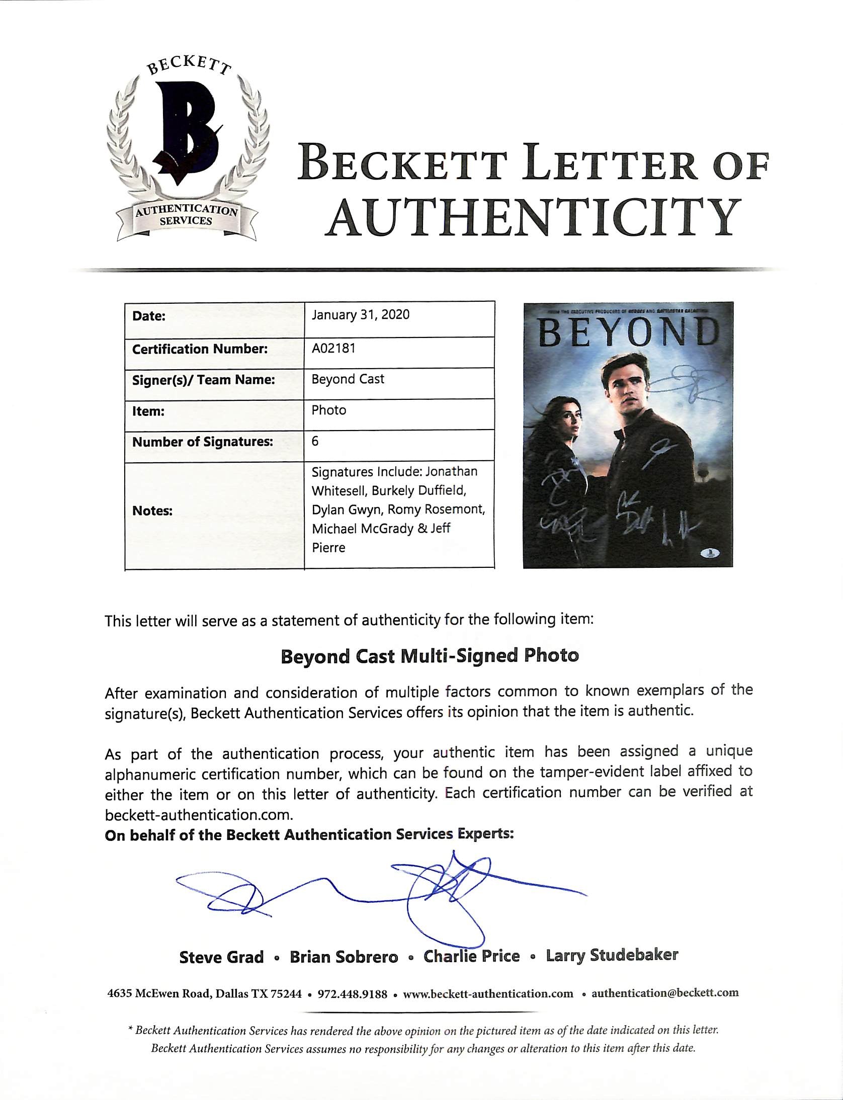 Beyond (7) Whitesell, Duffield, Gwyn +4 Authentic Signed 11x14 Photo BAS #A02181