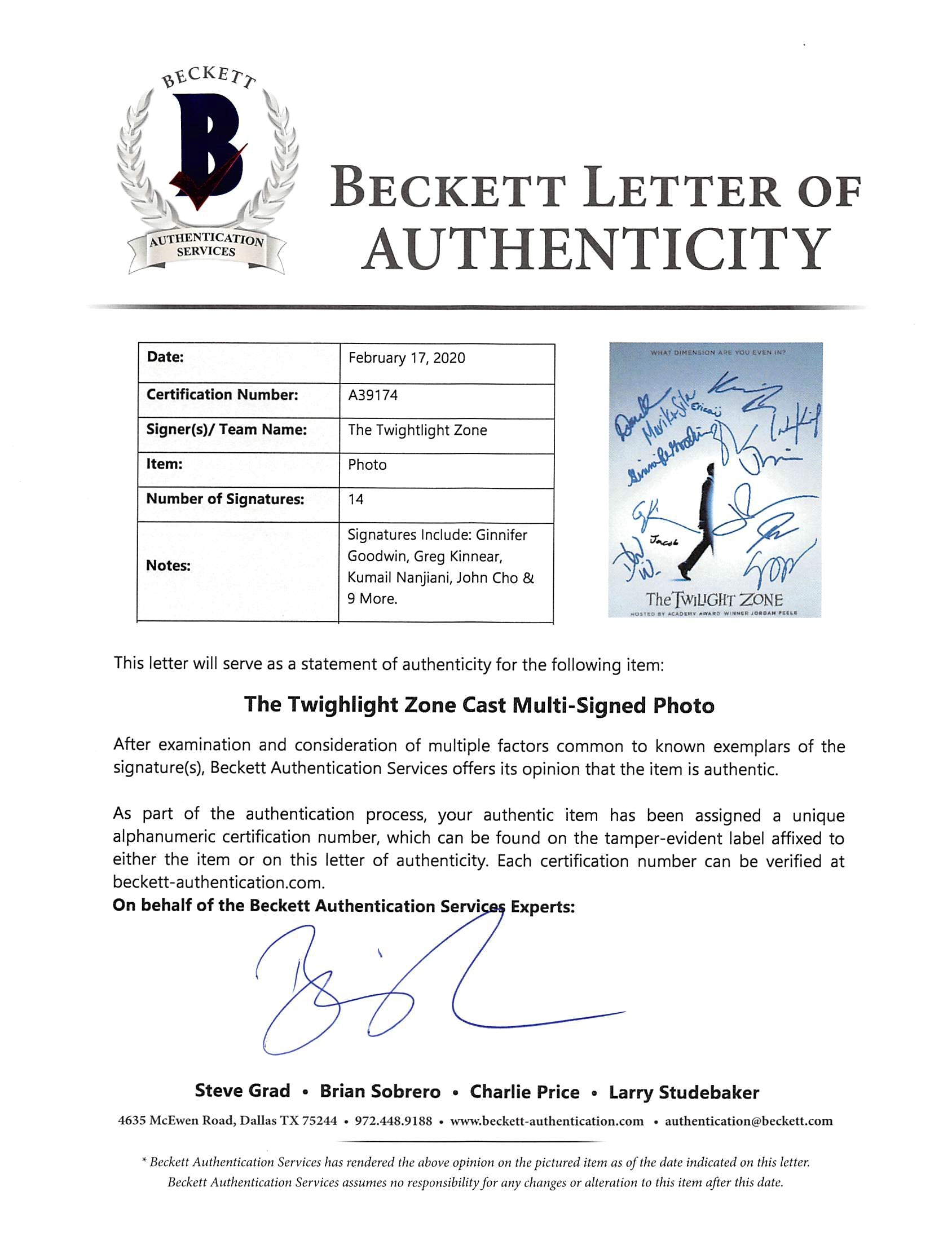 The Twilight Zone (14) Goodwin, Tremblay, Kinnear Signed 11x14 Photo BAS #A39174