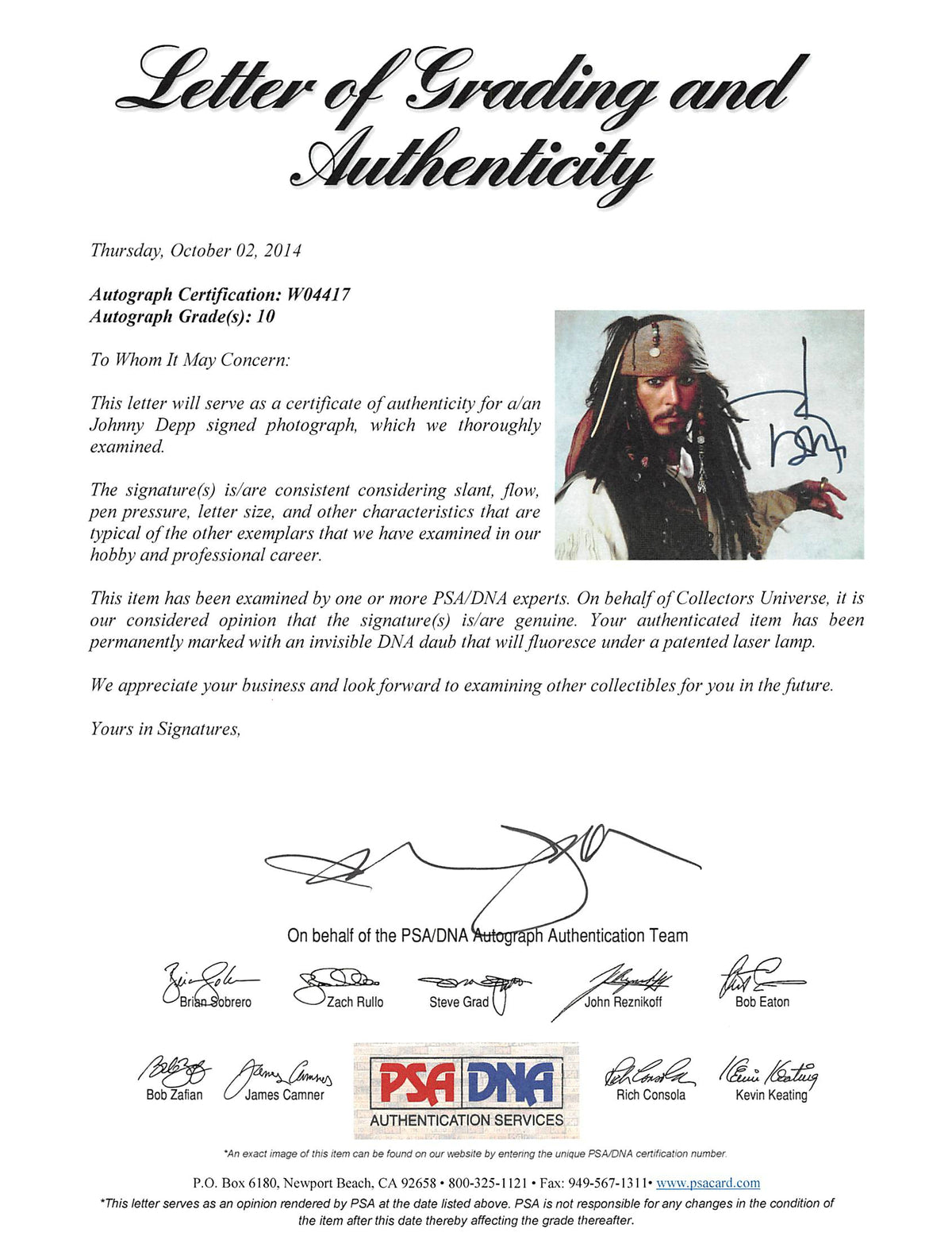 Johnny Depp Pirates Of The Caribbean Signed 11x14 Photo Graded 10! PSA #W04417