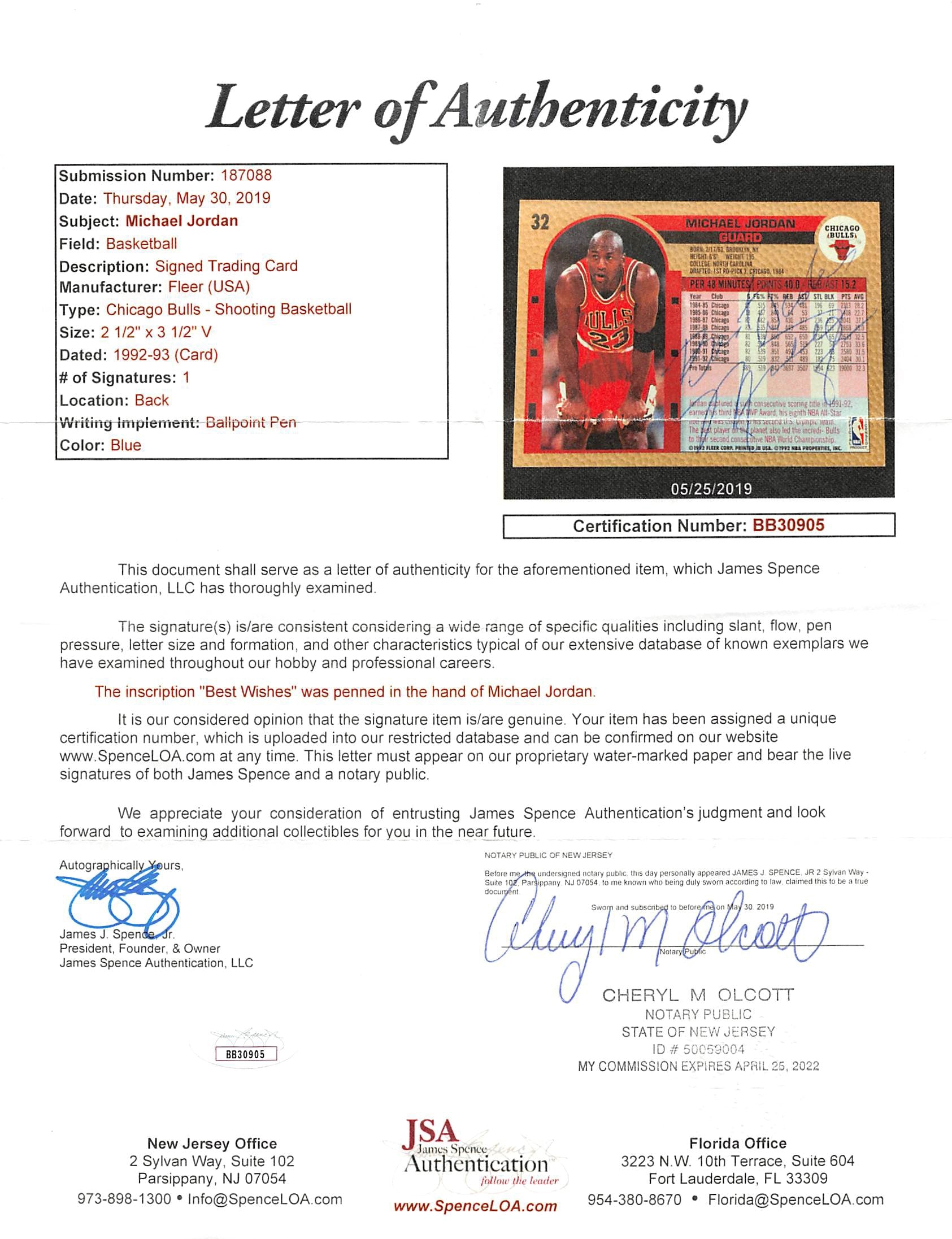Bulls Michael Jordan "Best Wishes" Signed 1992 Fleer #32 Card JSA #BB30905