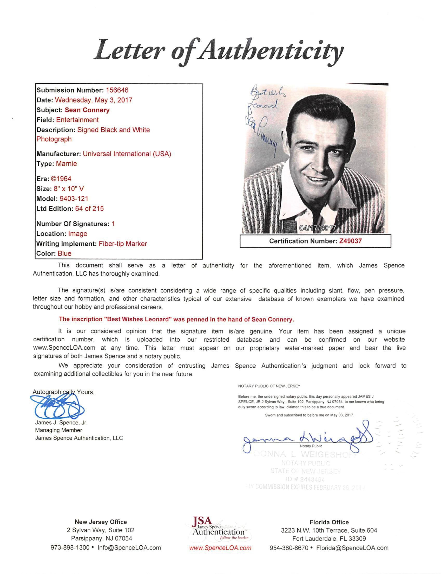 Sean Connery Marnie "Best Wishes" Signed 8x10 LE Promo B & W Photo JSA #Z49037