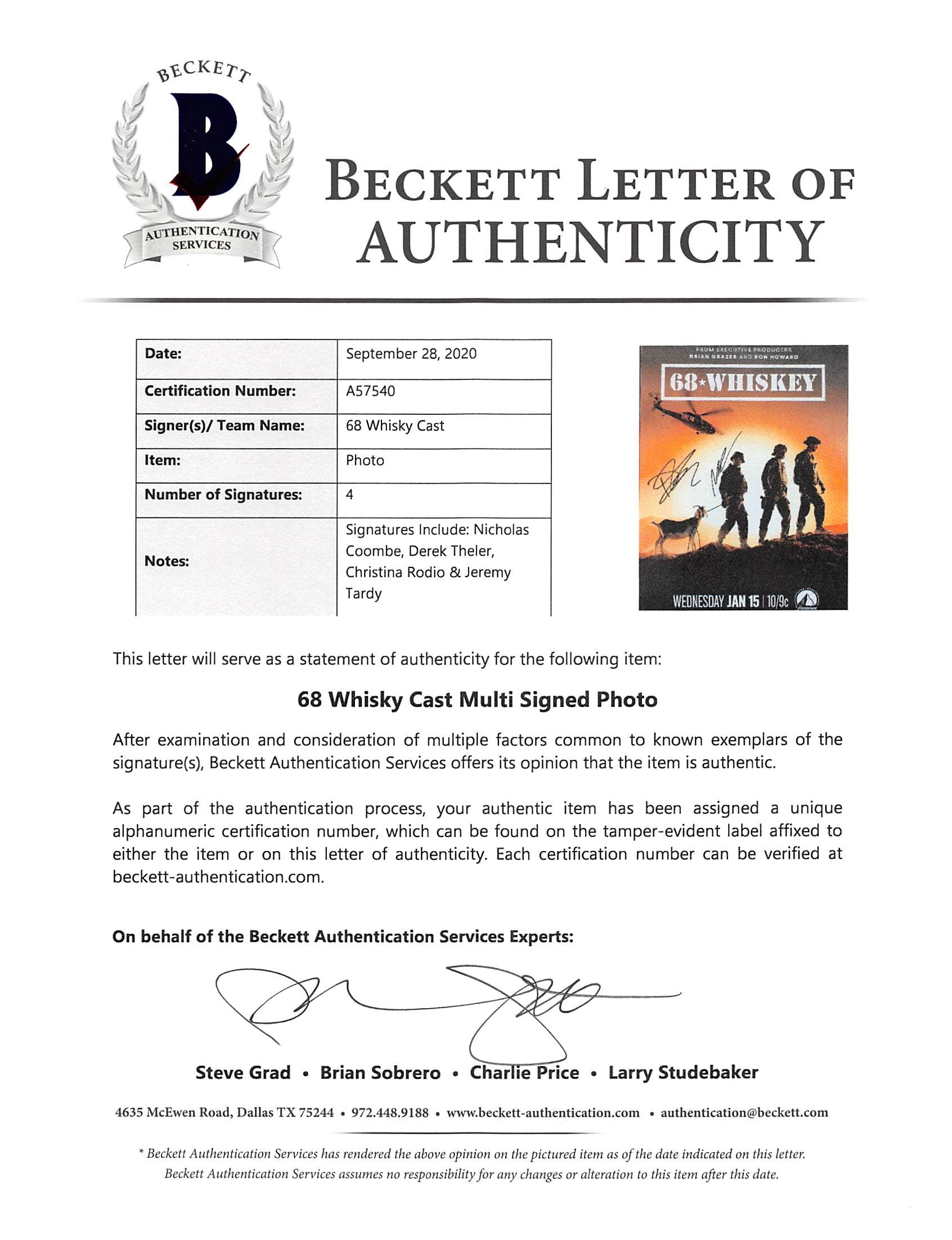 68 Whiskey (4) Coombe, Theler, Rodio & Tardy Signed 11x14 Photo BAS #A57540