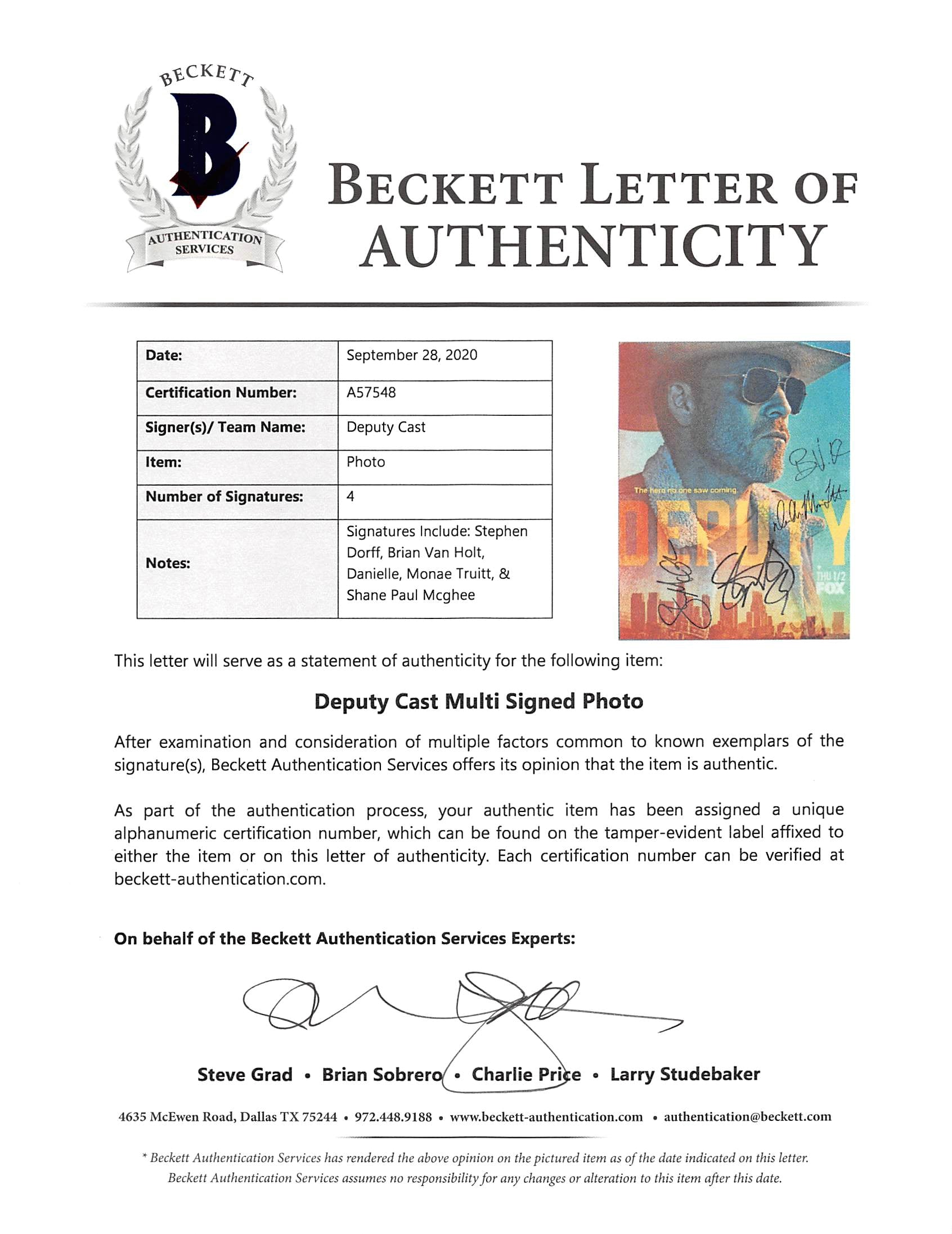 Deputy (4) Dorff, Van Holt, Truitt, & Mcghee Signed 11x14 Photo BAS #A57548