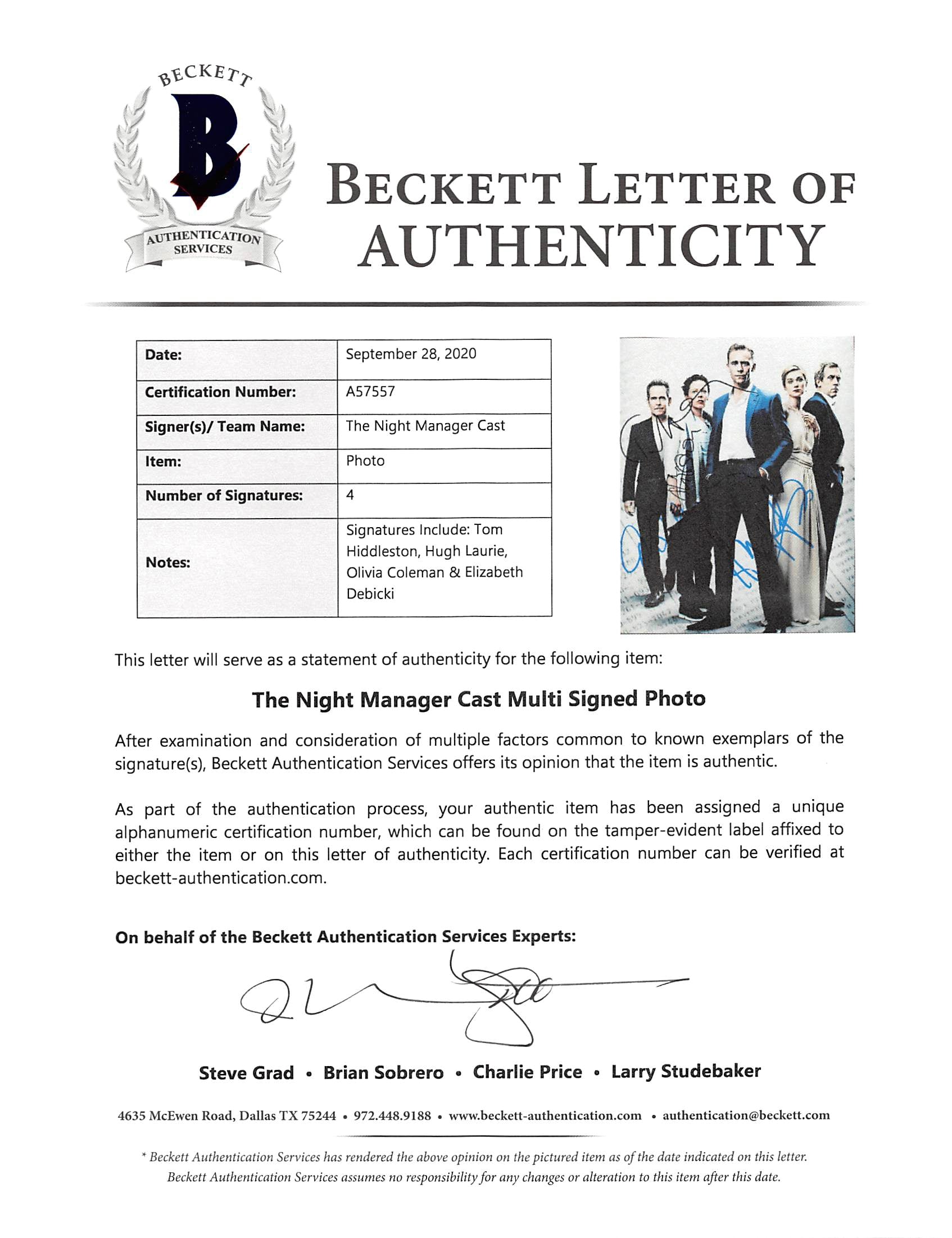 The Night Manager (4) Hiddleston, Laurie +2 Signed 11x14 Photo BAS #A57557