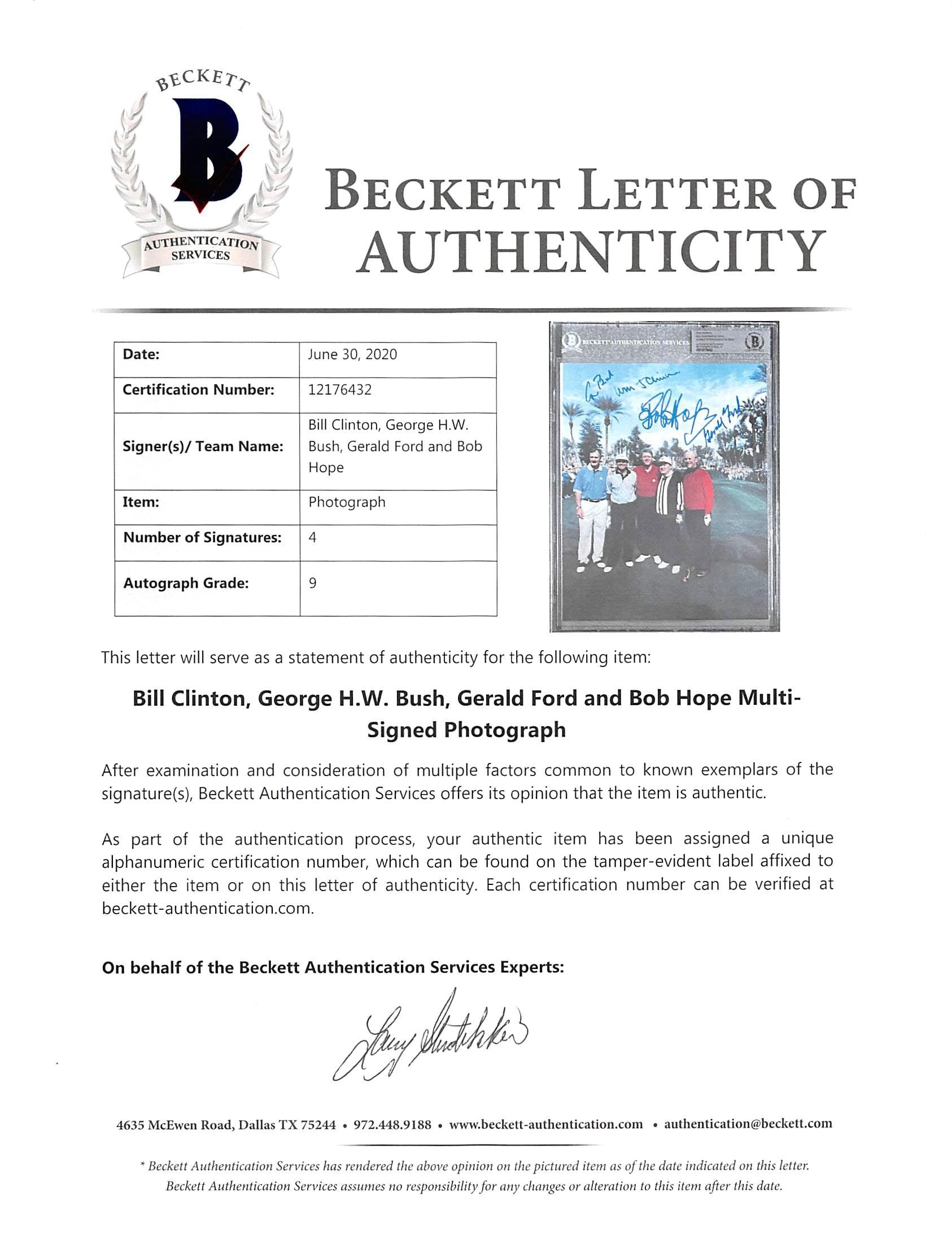 (4) Clinton, Bush, Ford & Bob Hope Signed 8x10 Photo Autos Graded 9! BAS Slabbed