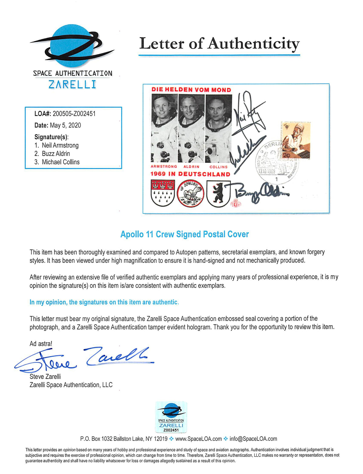 Apollo 11 (3) Armstrong, Collins & Aldrin Signed 4.15x5.85 1969 FDC BAS Slabbed