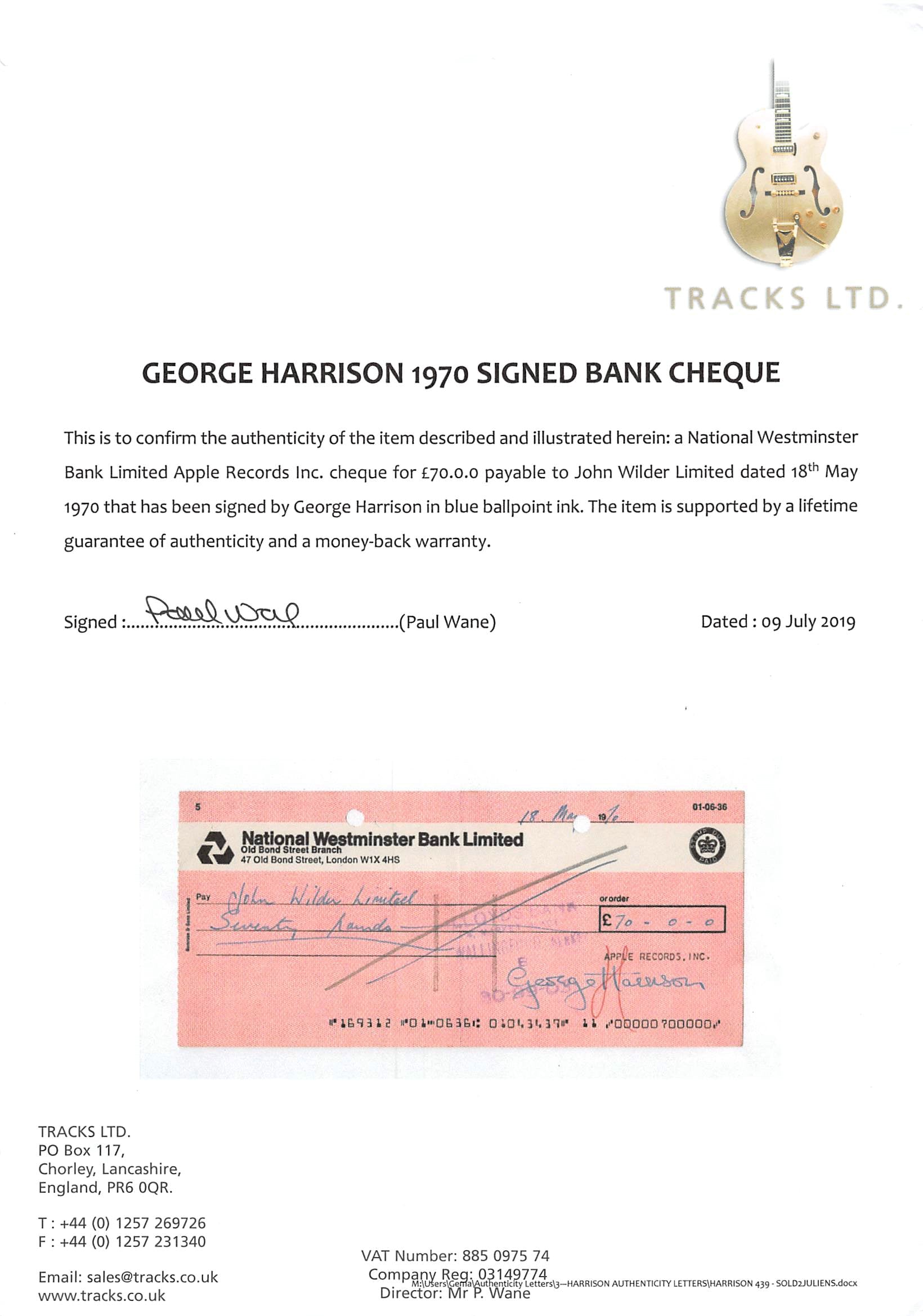 George Harrison Beatles Signed 3.5x8 1970 Apple Records Check BAS Slabbed