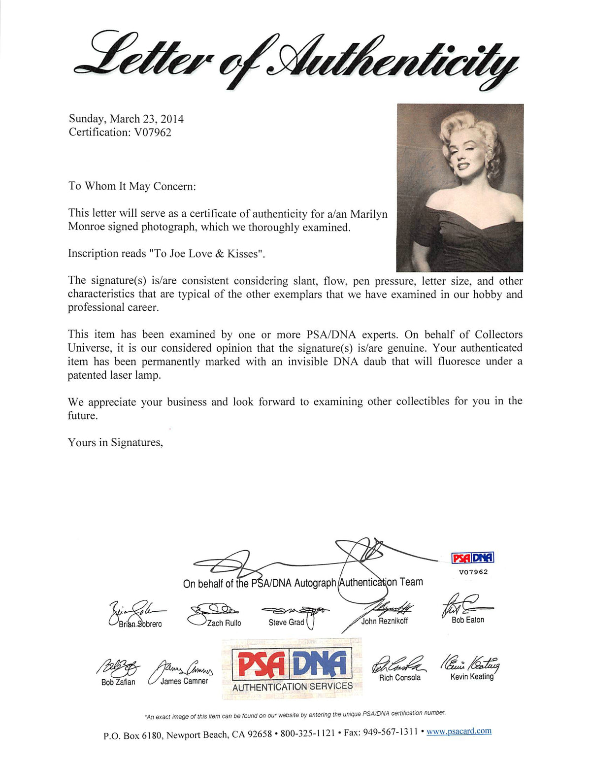 Marilyn Monroe To Joe Love & Kisses Authentic Signed 11x14 B&W Photo PSA #V07962