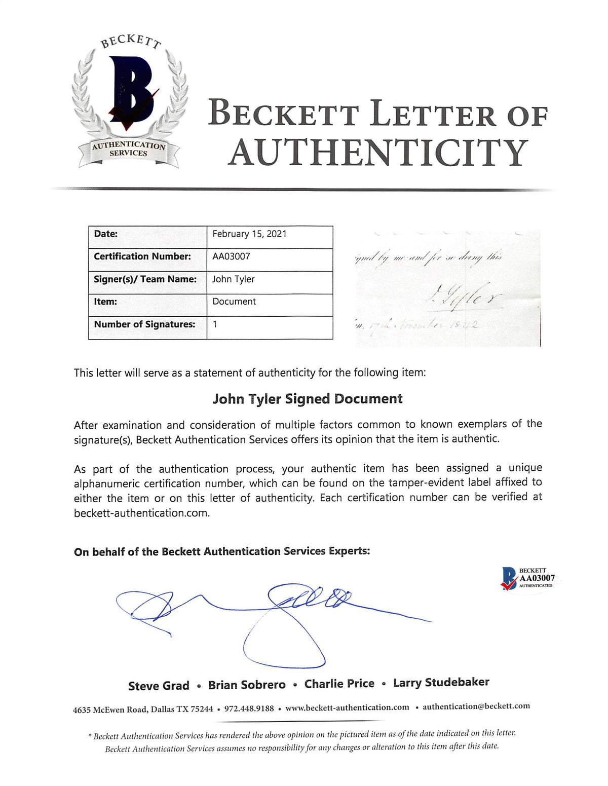 John Tyler Authentic Signed & Framed 7x9.25 Letter Dated November 17, 1842 BAS
