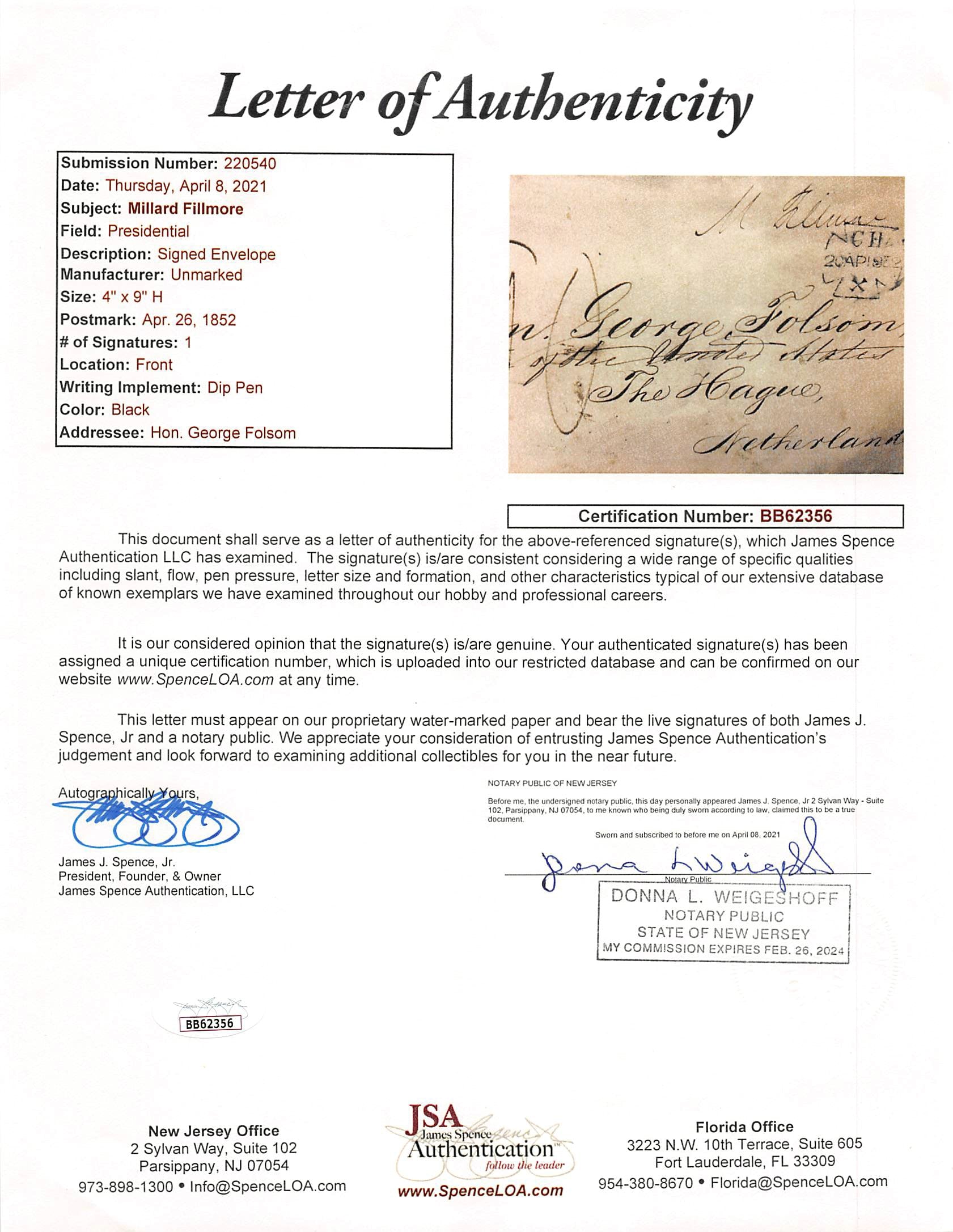 Millard Fillmore Authentic Signed 4x9 1852 Free Frank Envelope JSA #BB62356