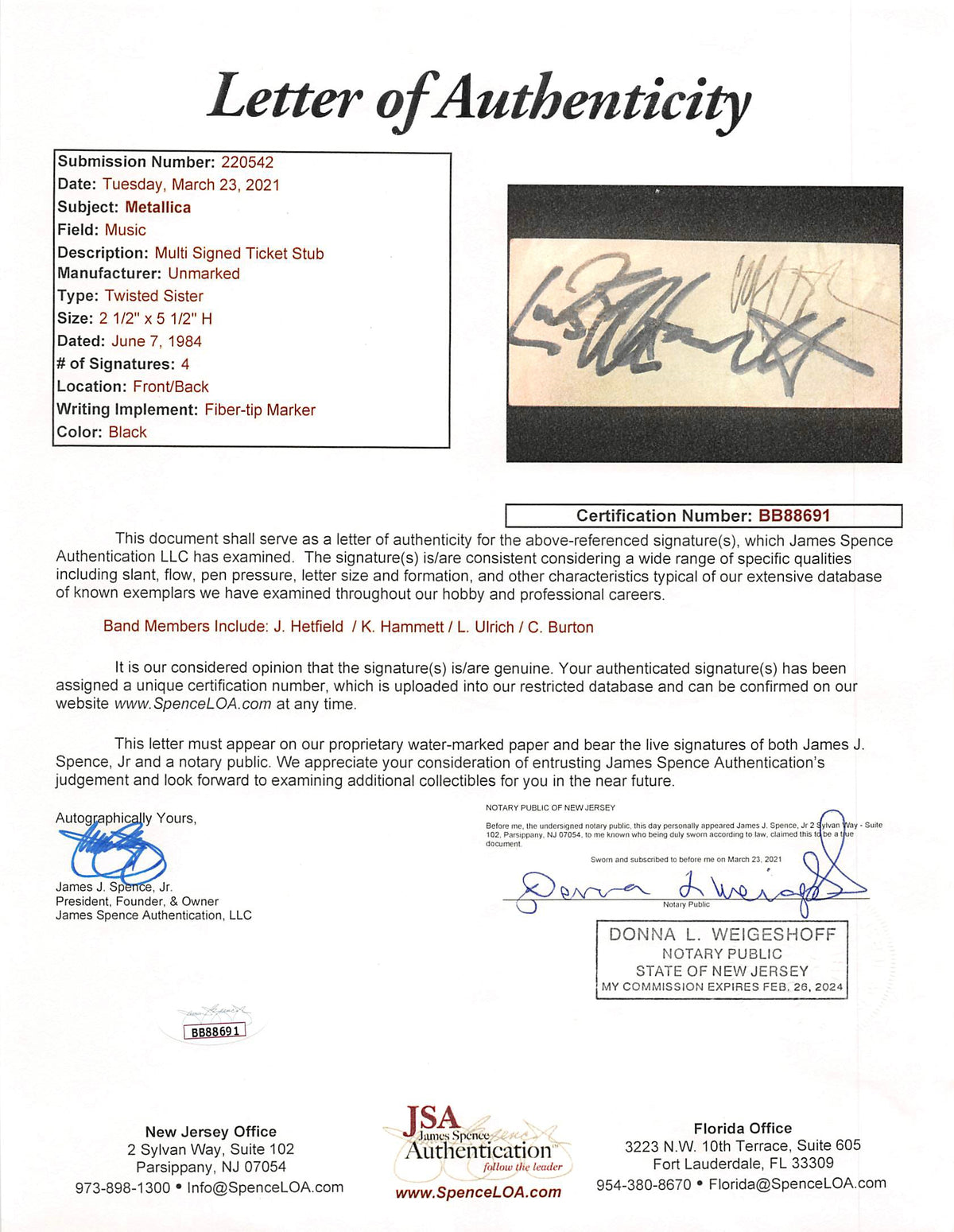 Hetfield, Burton, Ulrich & Hammett Signed 2.35x5.65 1984 Ticket Stub BAS Slabbed