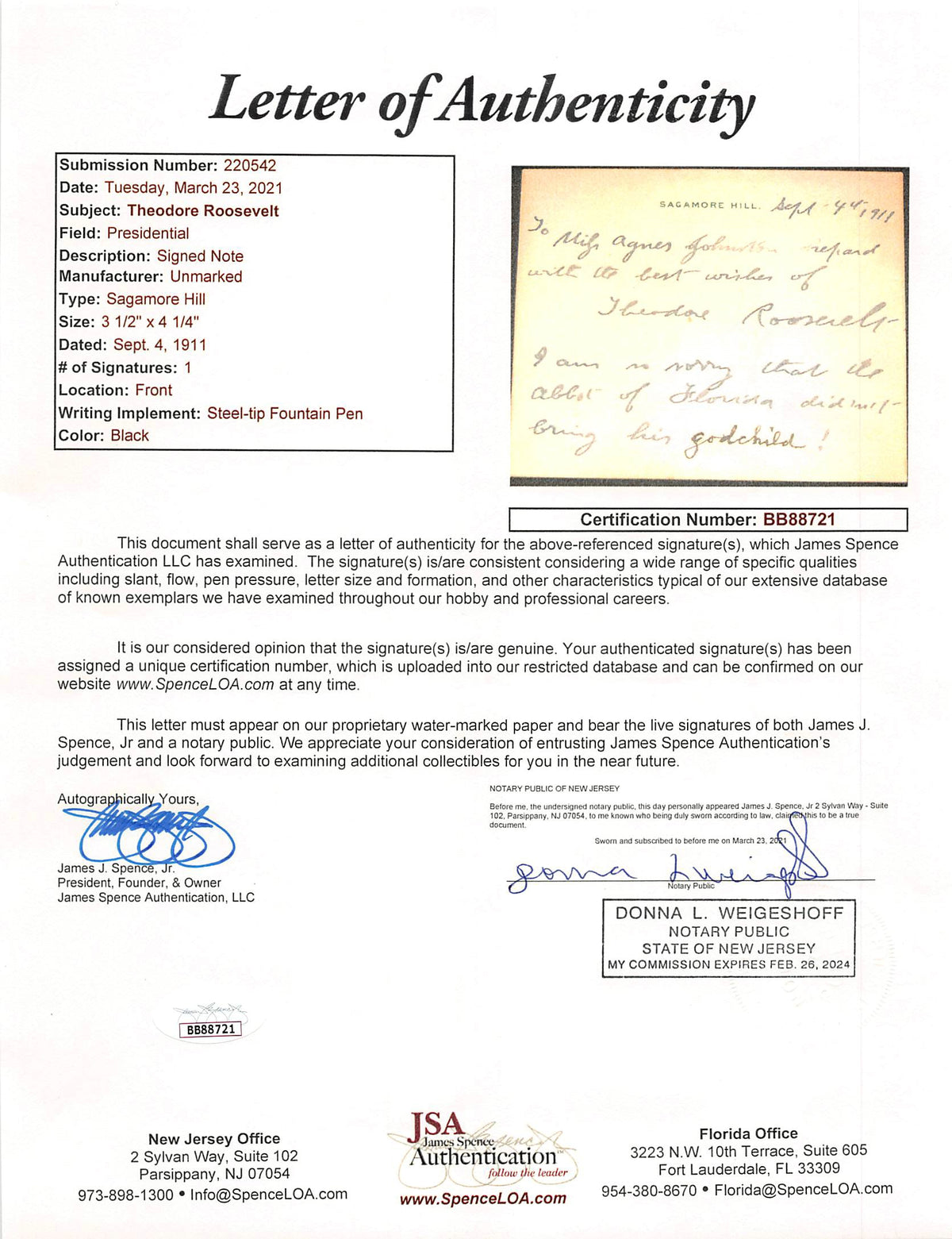Theodore Roosevelt Authentic Signed 3.5x4.25 1911 Handwritten Note JSA #BB88721