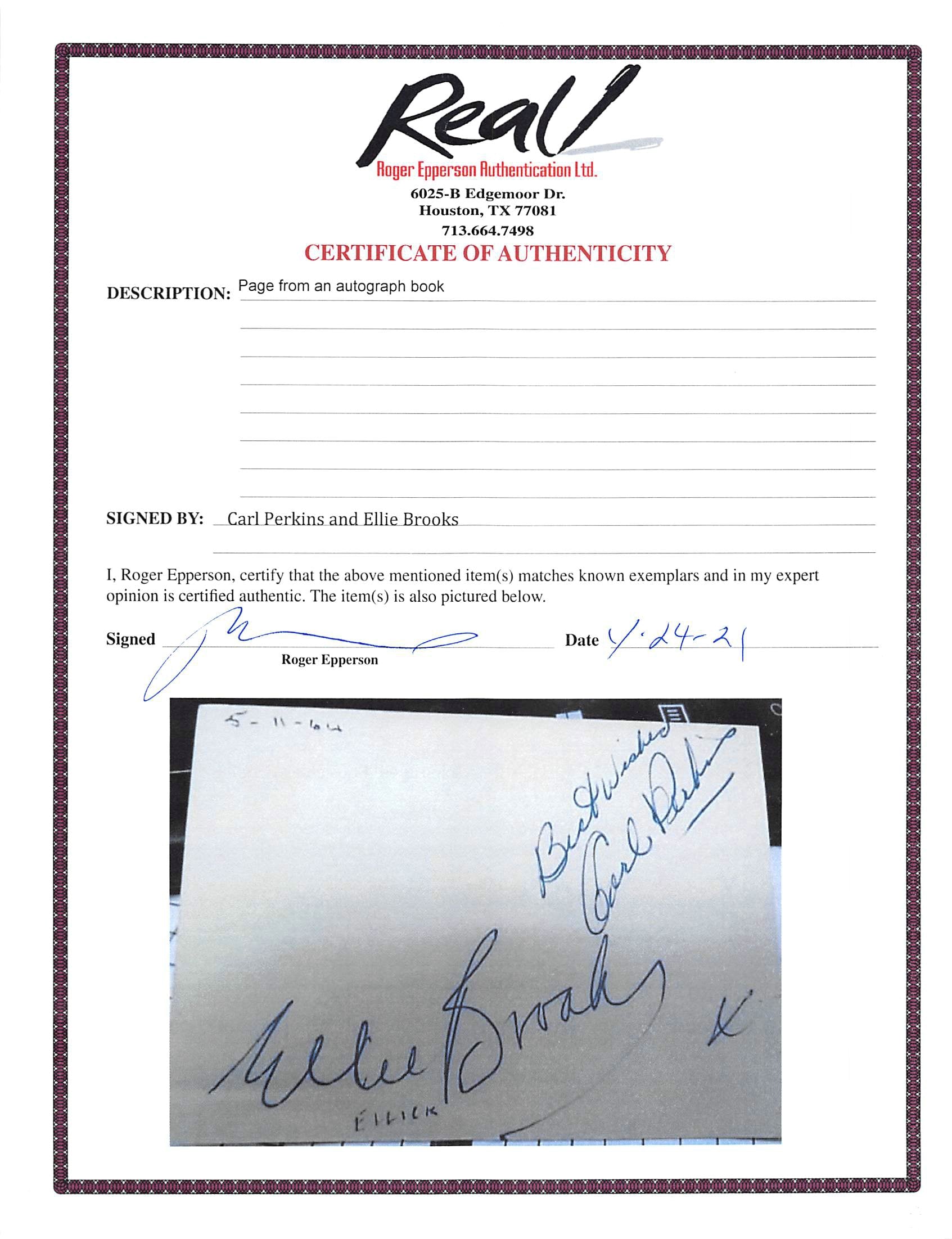 Carl Perkins & Ellie Brooks Authentic Signed 3x4.15 Album Page REAL LOA