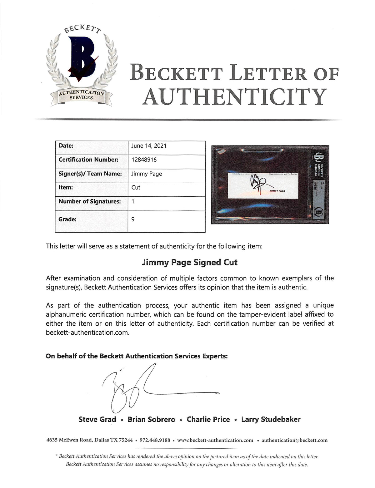 Jimmy Page Led Zeppelin Signed 2x5.5 Cut Signature Auto Graded Mint 9! BAS Slab
