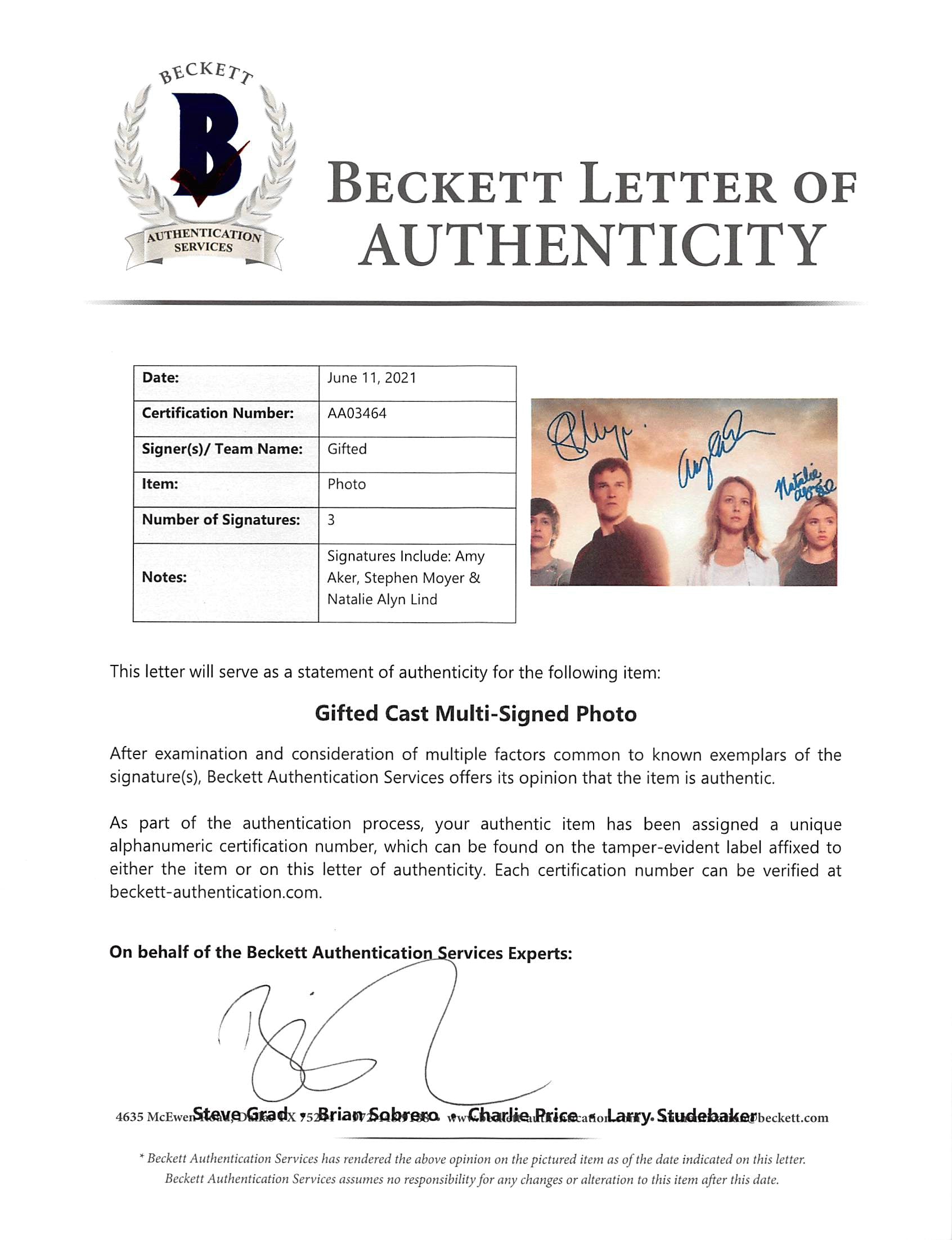 Gifted (3) Aker, Moyer & Alyn Lind Authentic Signed 8x10 Photo BAS #AA03464