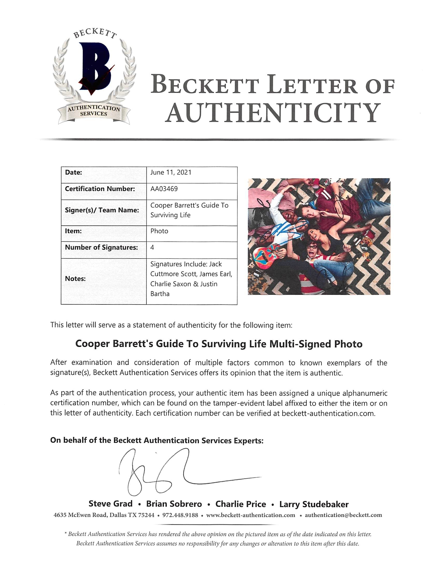 Cooper Barrett's Guide To Surviving Life (4) Signed 8x10 Photo BAS #AA03469