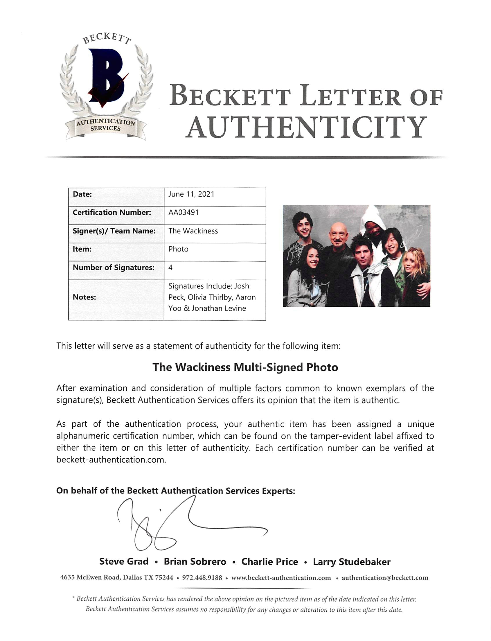 The Wackiness (4) Peck, Thirlby, Yoo & Levine Signed 12x18 Photo BAS #AA03491