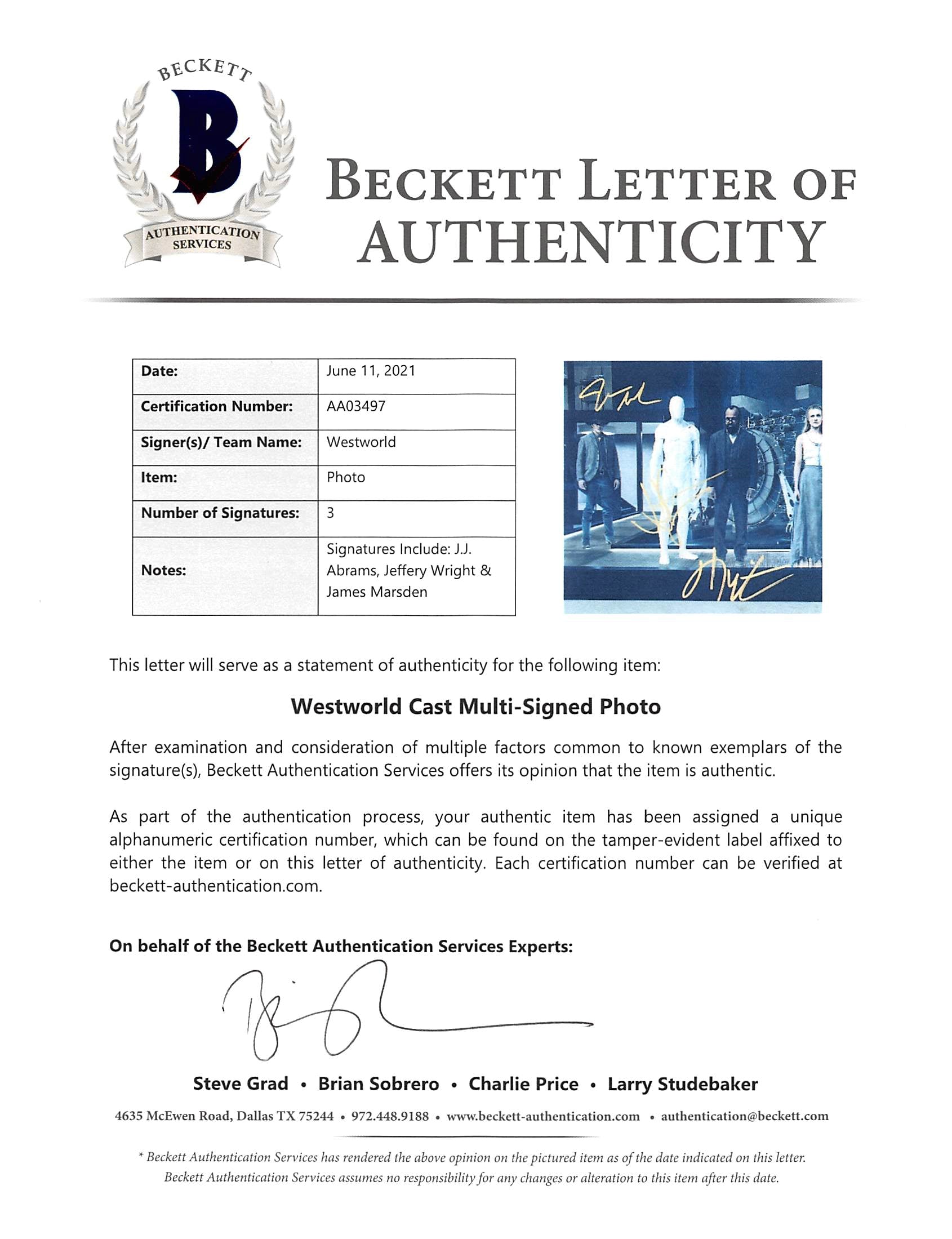 Westworld (3) Abrams, Wright & Marsden Authentic Signed 12x18 Photo BAS #AA03497