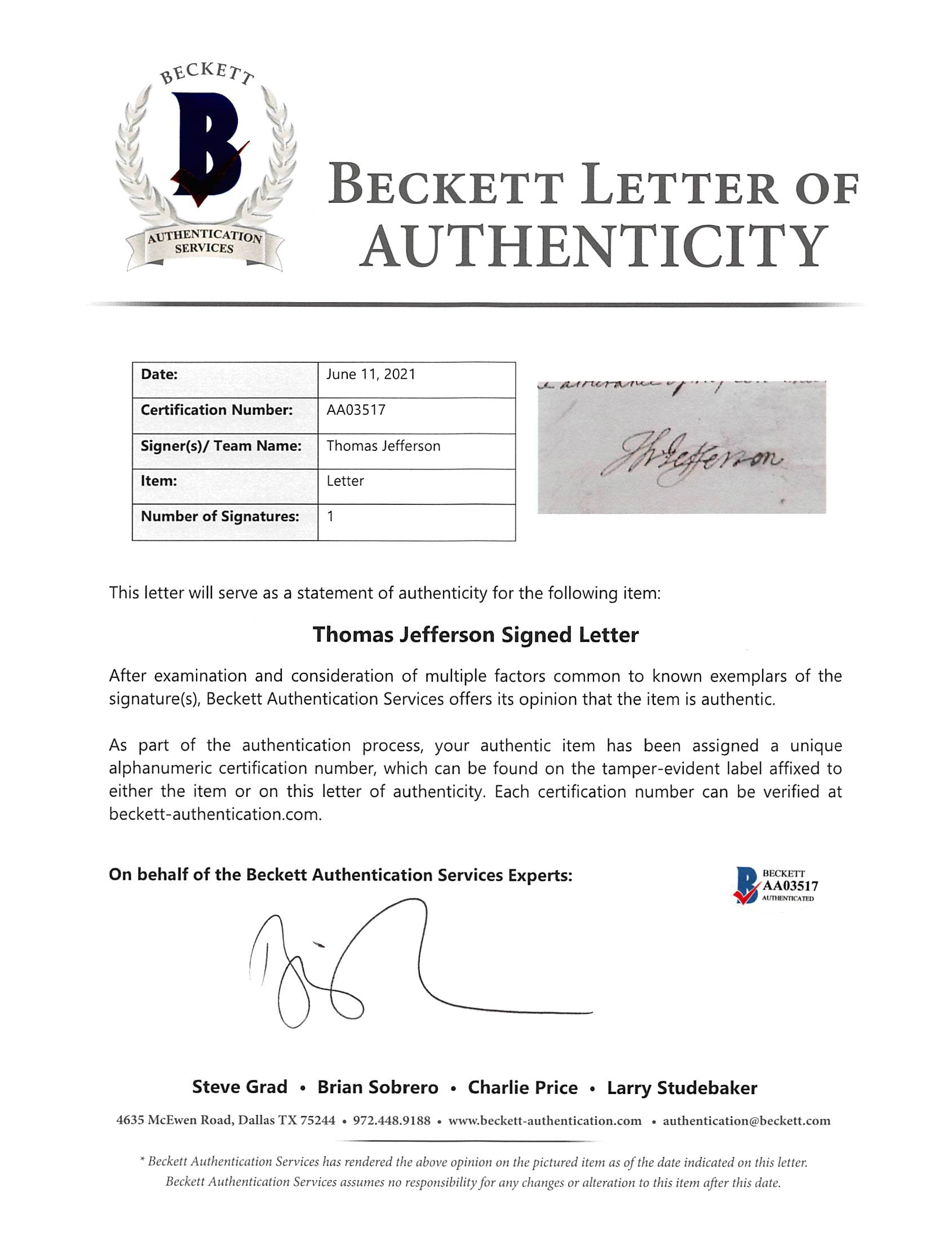 Thomas Jefferson Authentic Signed 7.625x10 Polygraph Letter BAS #AA03517