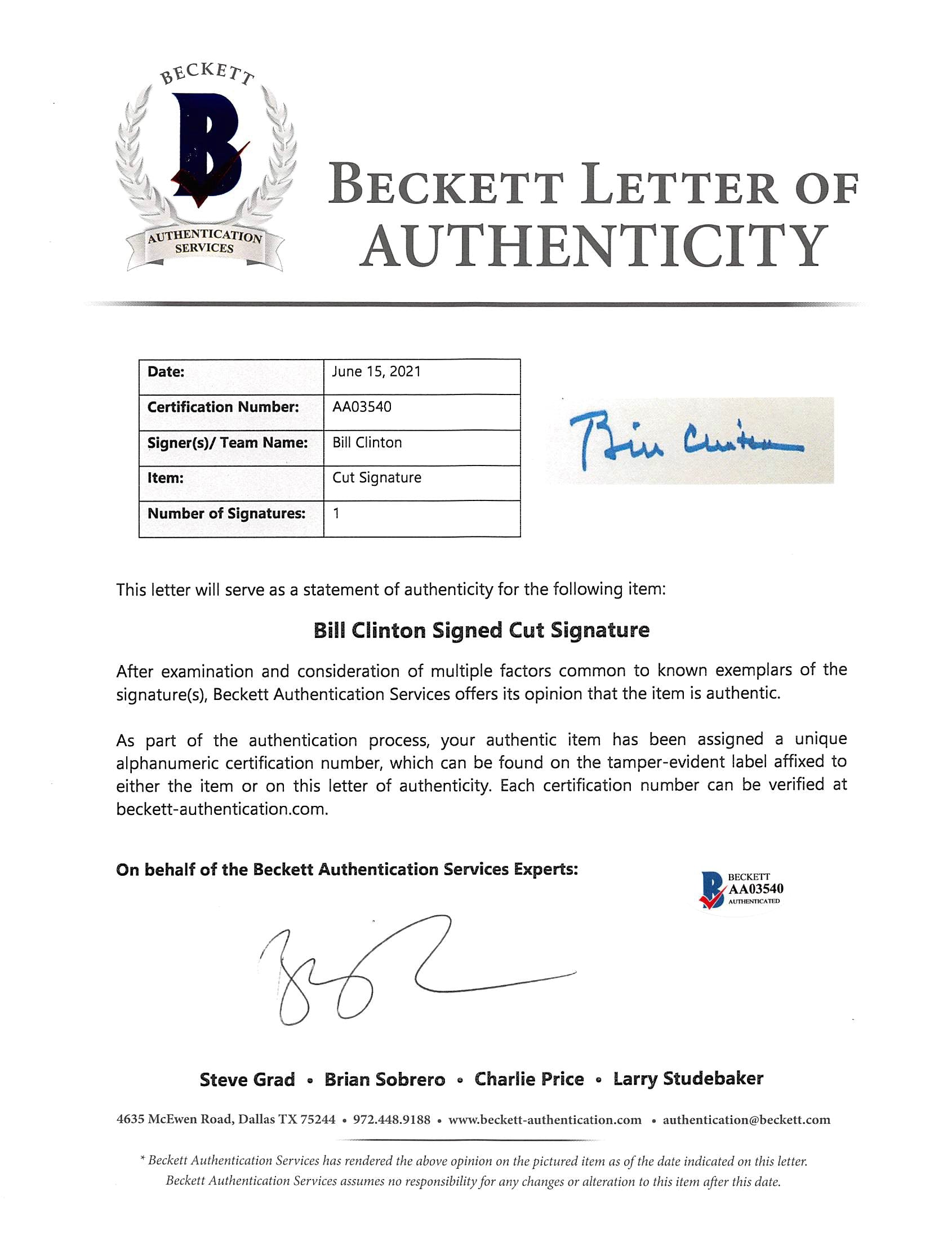 Bill Clinton Authentic Signed 5.5x6.5 Letter Autographed BAS #AA03540