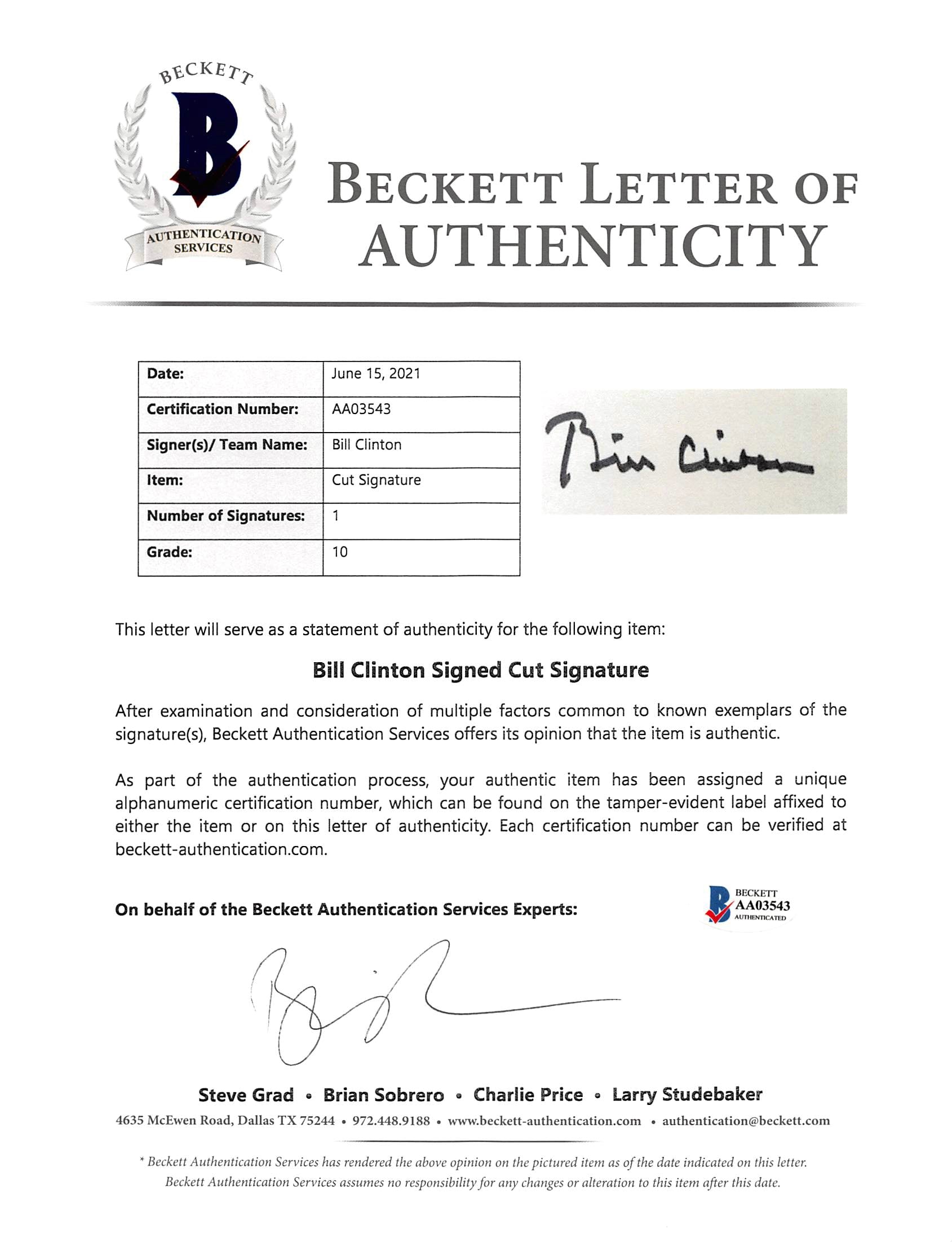 Bill Clinton Authentic Signed 5.5x6.5 Letter Auto Graded Gem 10! BAS #AA03543