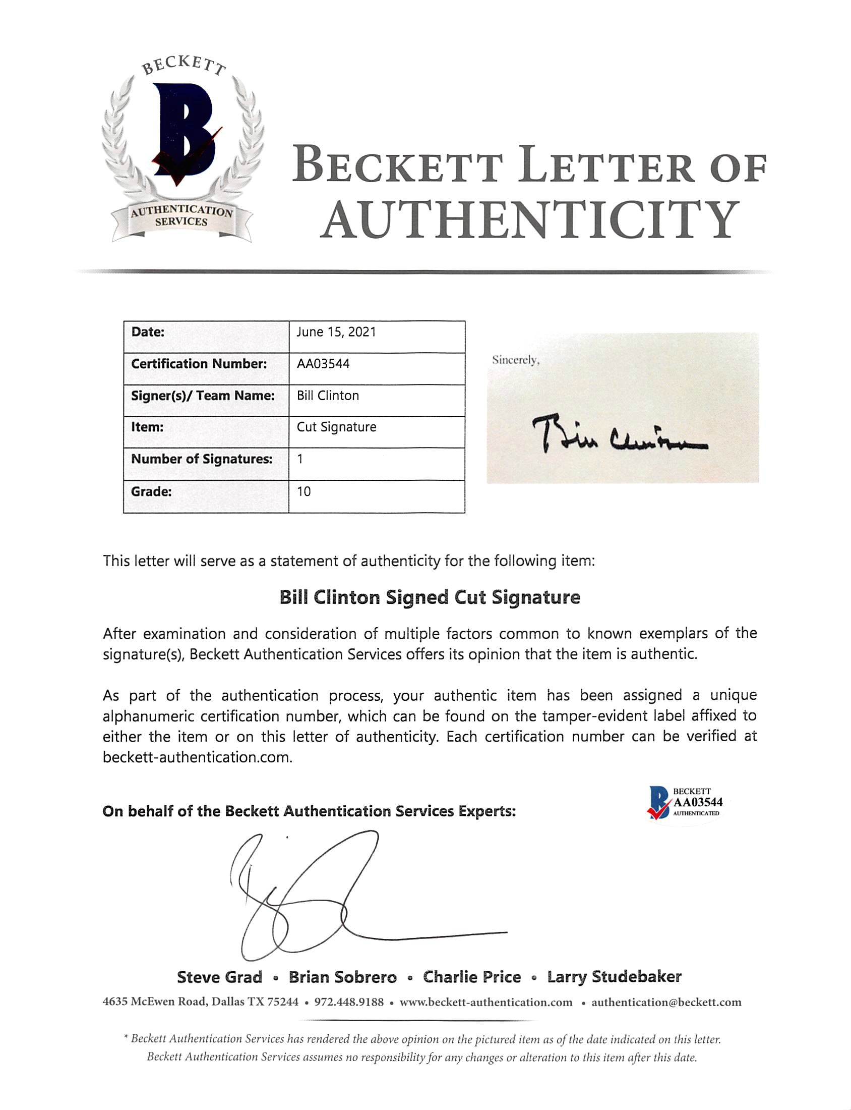 Bill Clinton Signed 5.5x6.5 Lewinsky Letter Cut Signature Auto 10! BAS #AA03544