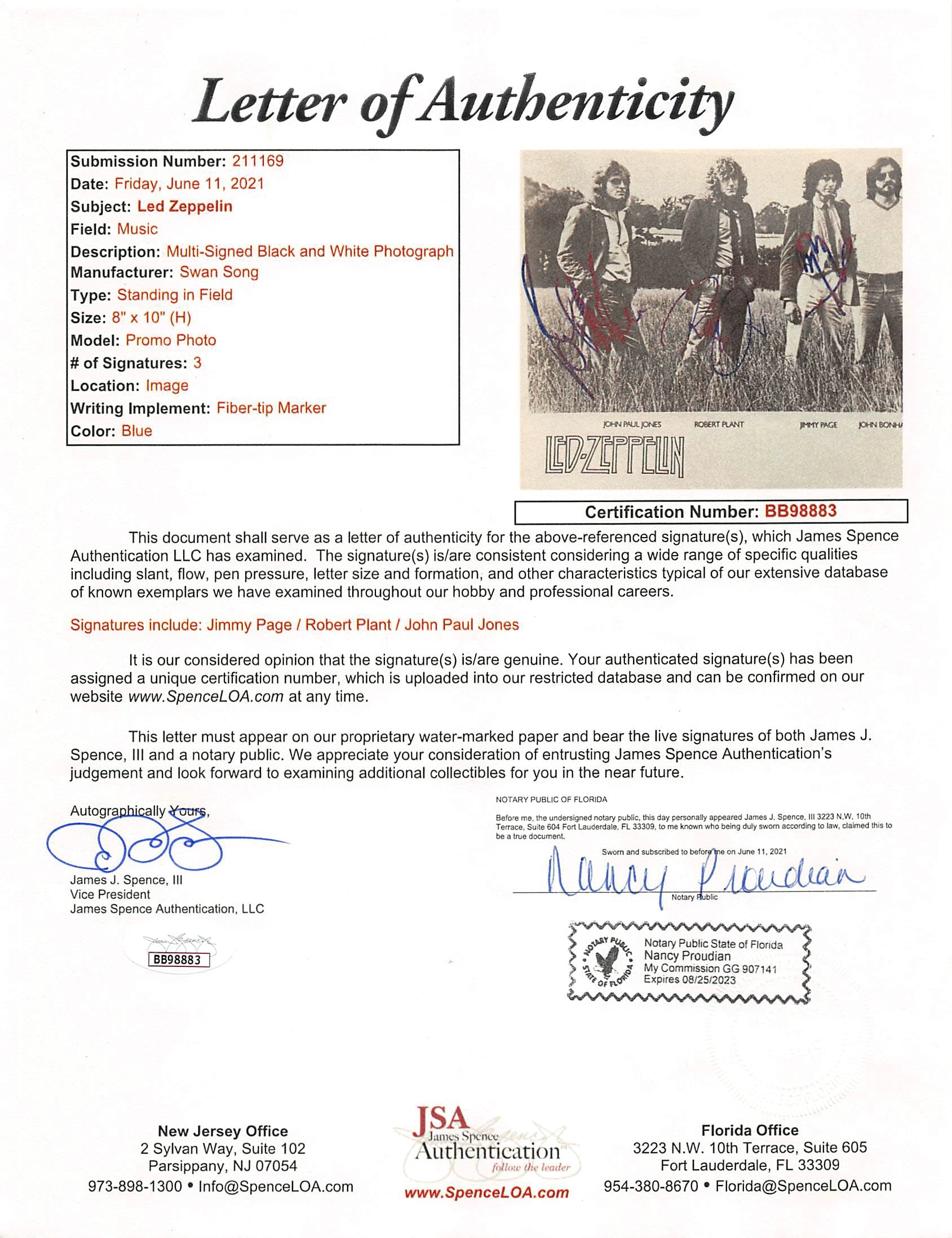 Led Zeppelin (3) Page, Plant, & Jones Authentic Signed 8x10 Photo JSA #BB98883