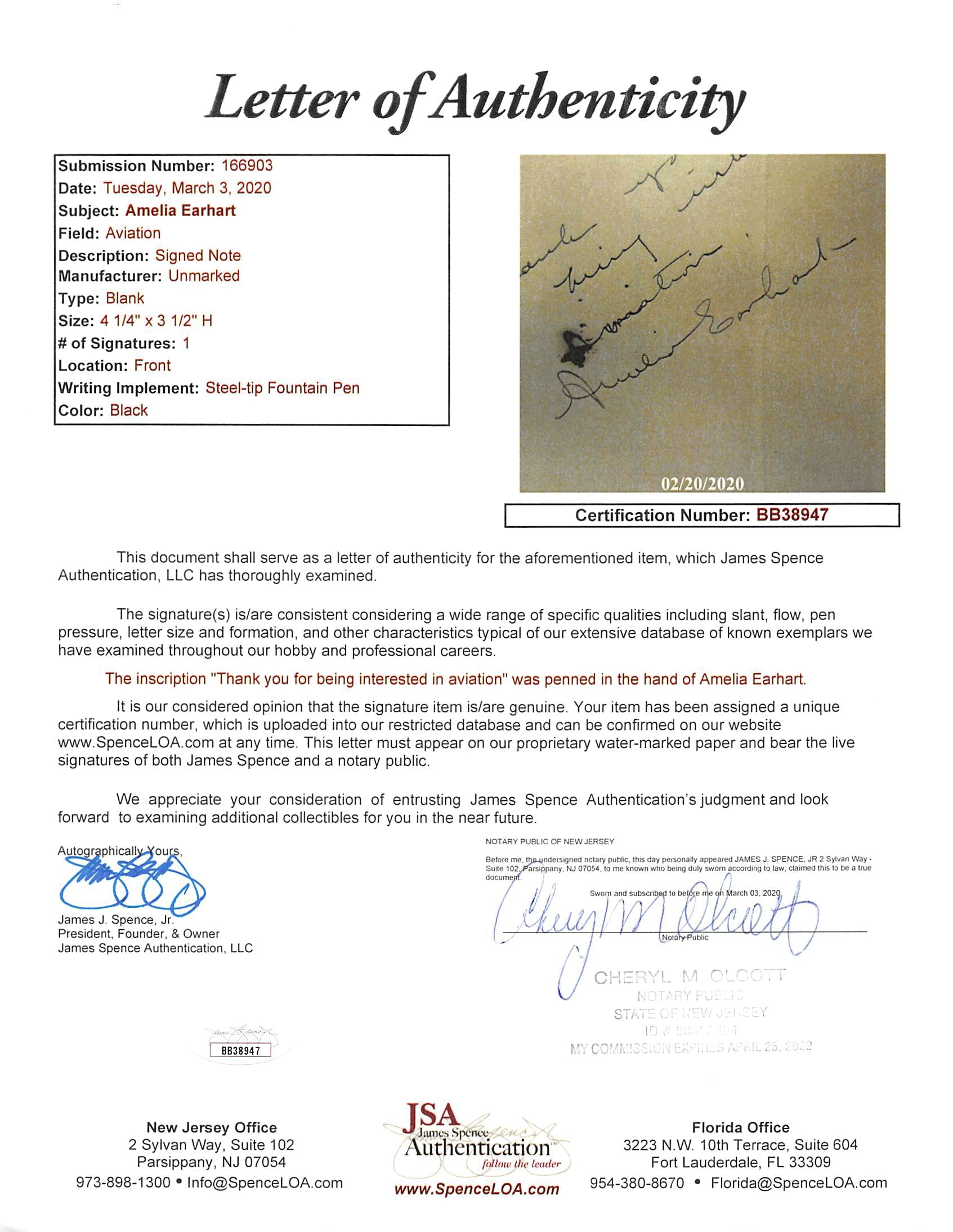 Amelia Earhart Authentic Signed 3.5x4.25 Cut Signature Autographed BAS Slabbed