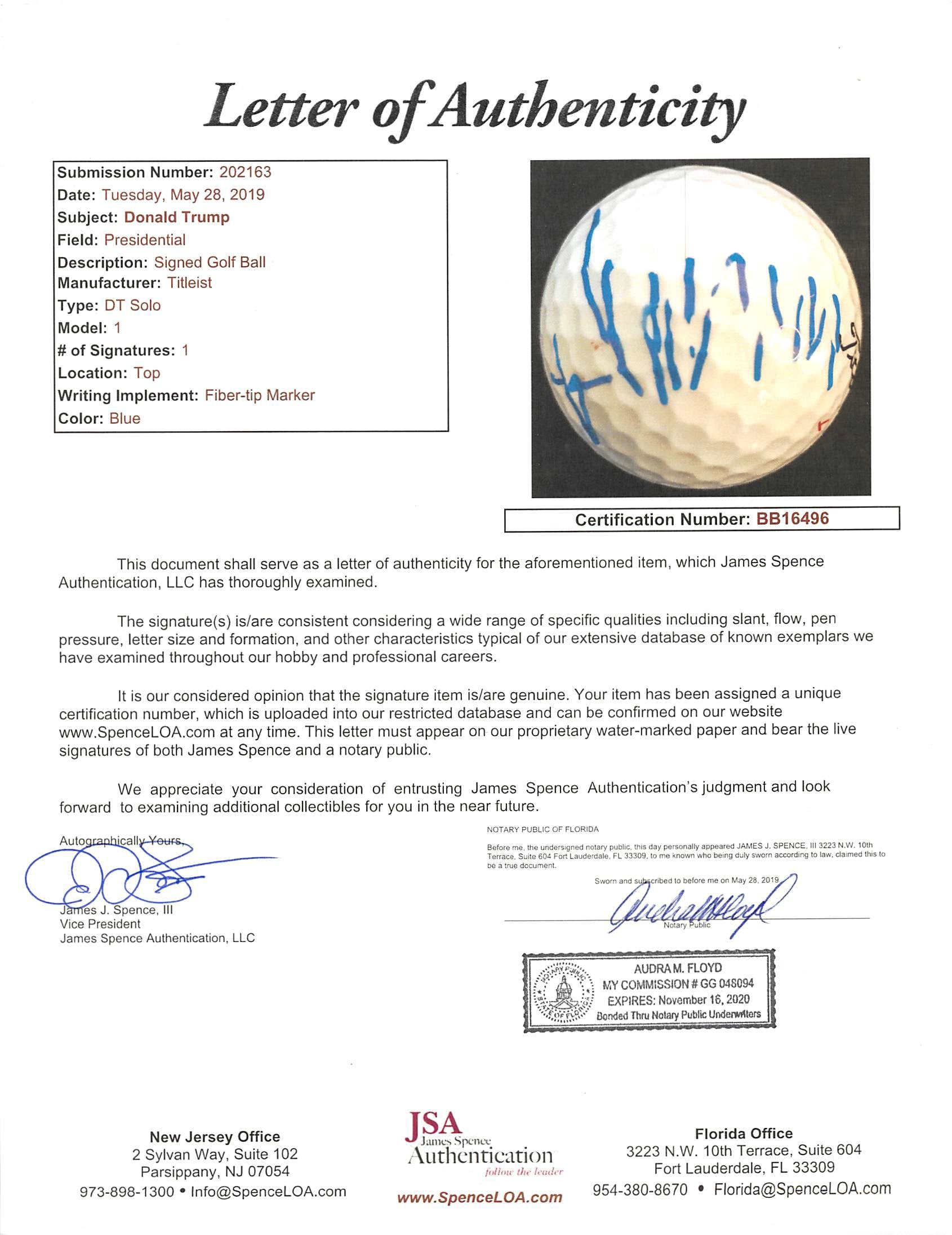 Donald J. Trump Authentic Signed Titleist Golf Ball Autographed JSA #BB16496