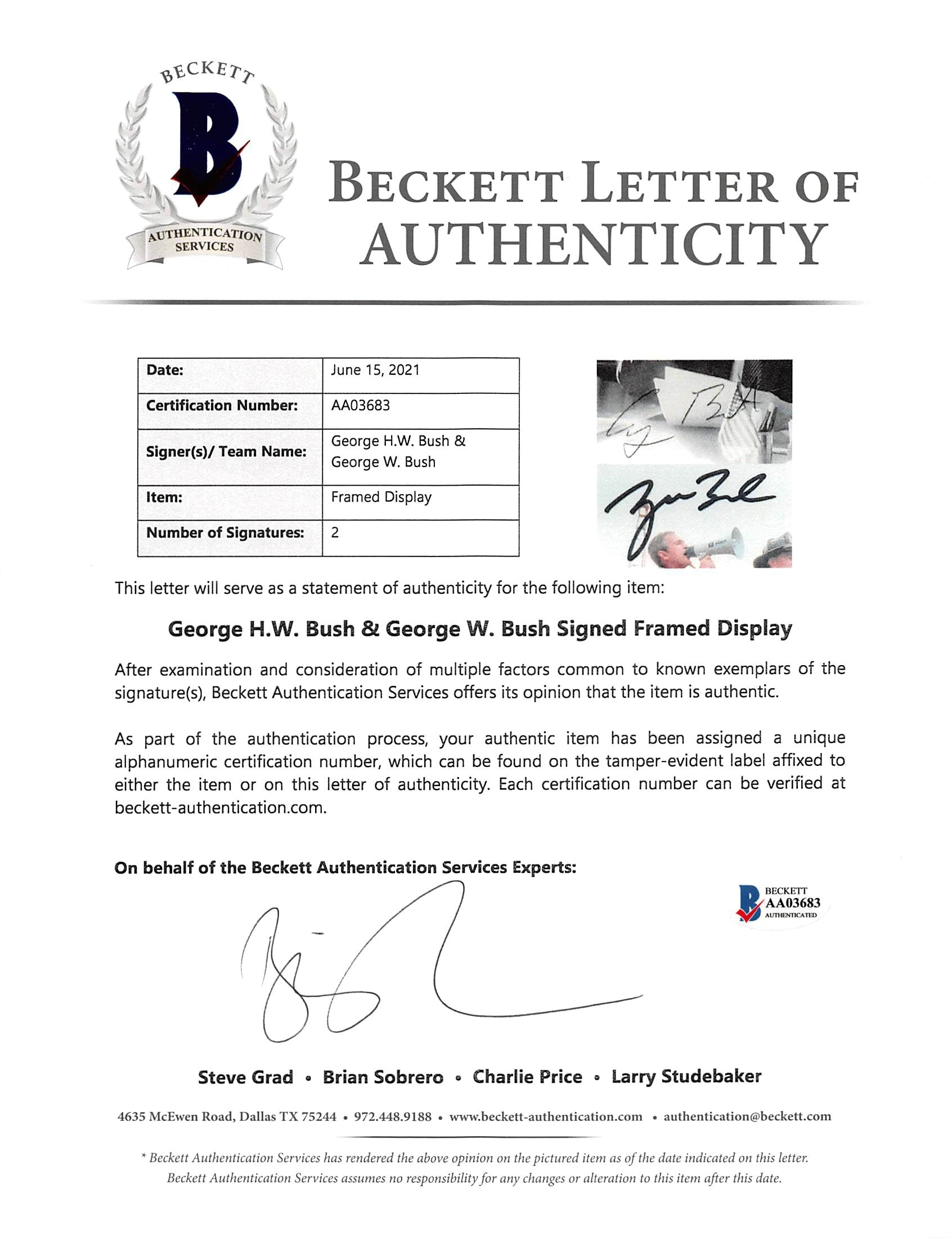 George H.W. Bush & George W. Bush Signed Cut Sig Framed Display BAS #AA03683