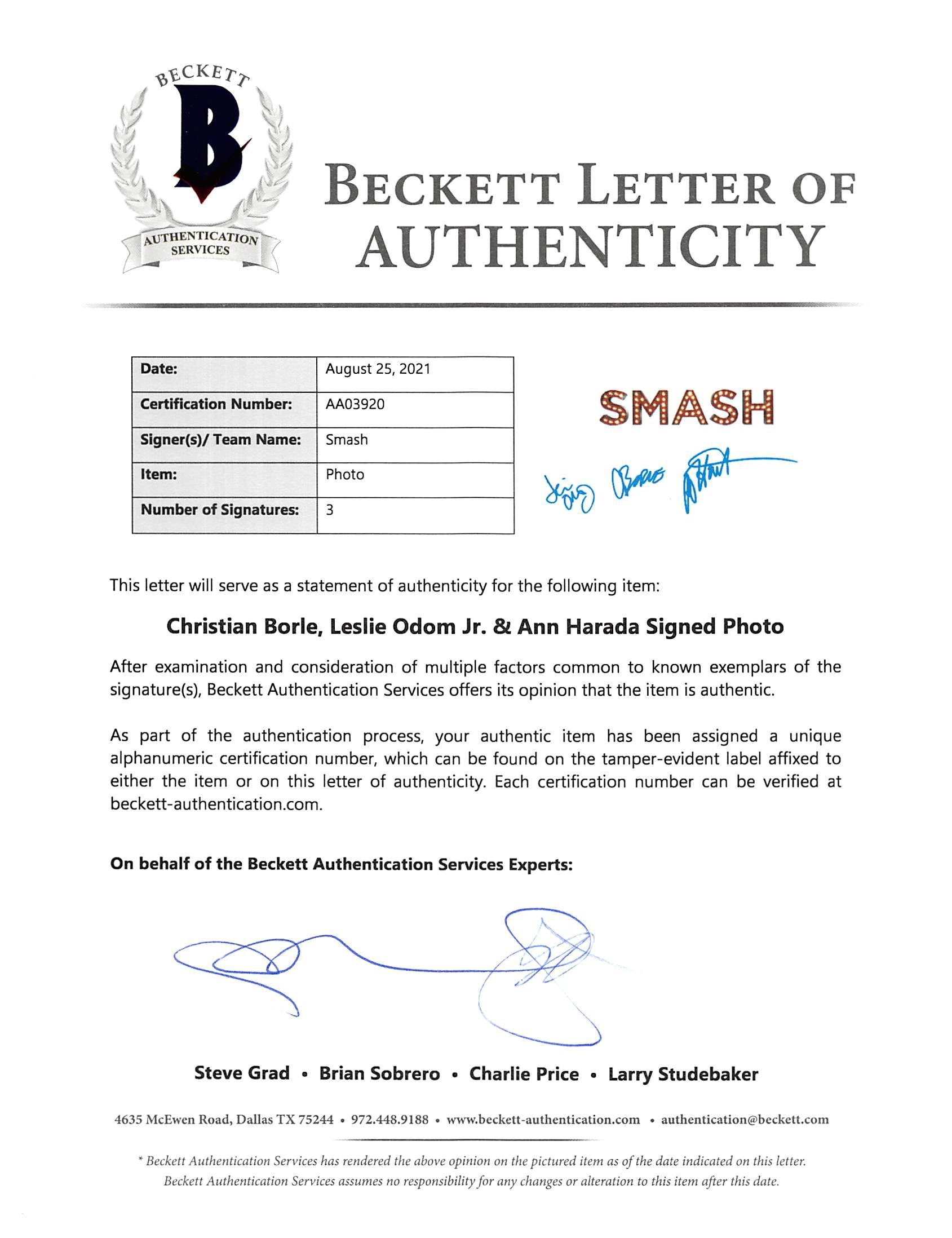 Smash (3) Borle, Odom Jr. & Harada Authentic Signed 11x14 Photo BAS #AA03920