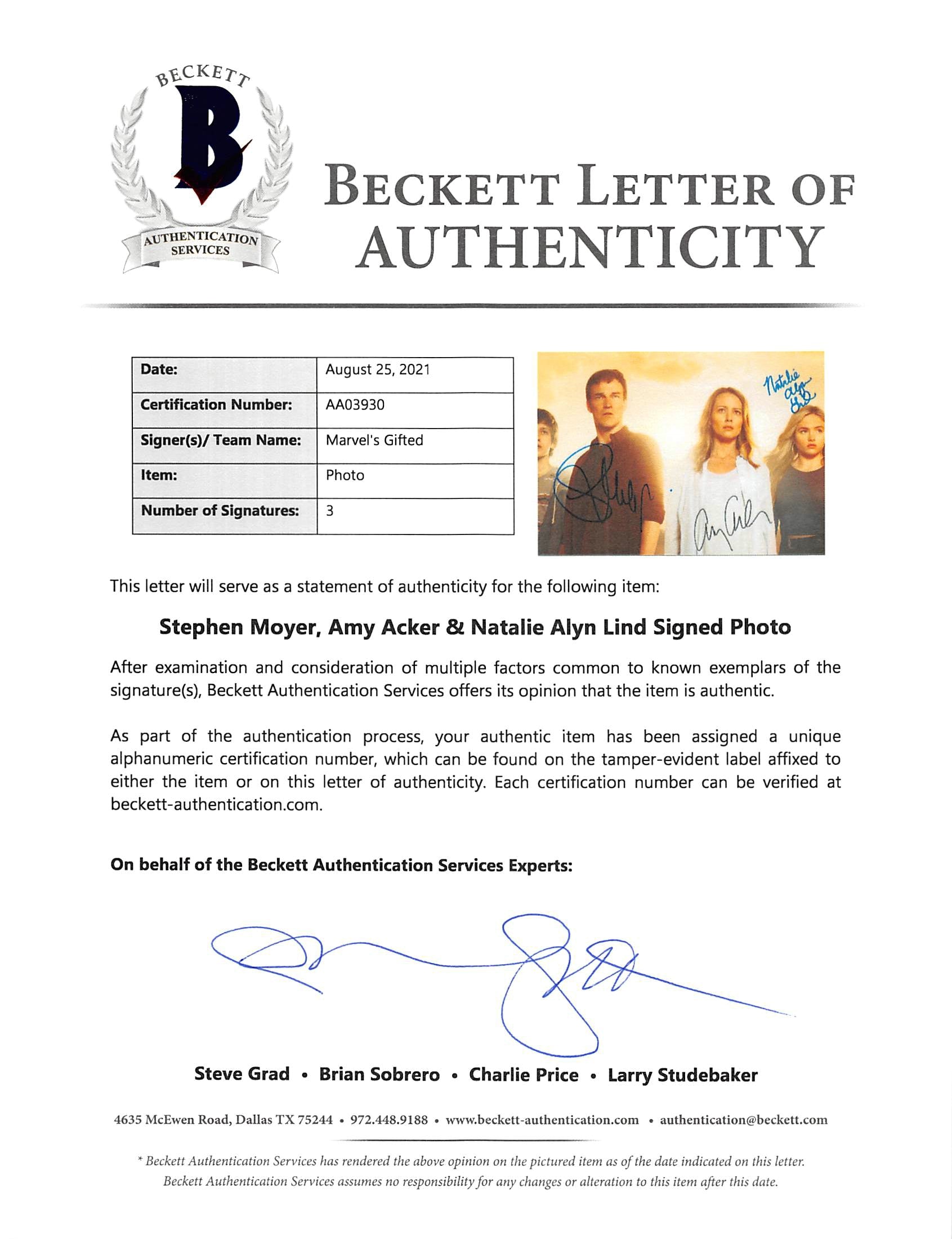 The Gifted (3) Moyer, Acker & Lind Authentic Signed 11x14 Photo BAS #AA03930