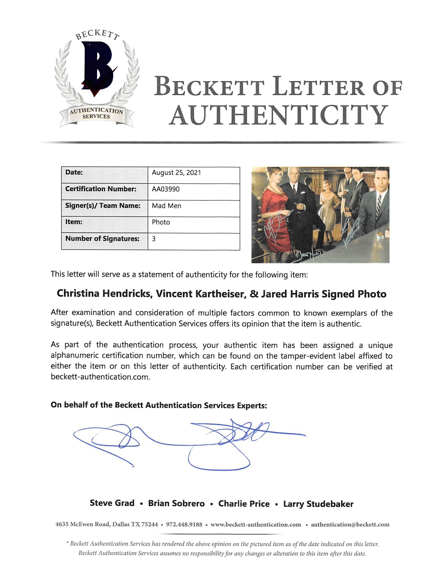 Mad Men (3) Hendricks, Kartheiser & Harris Signed 12x18 Photo BAS #AA03990