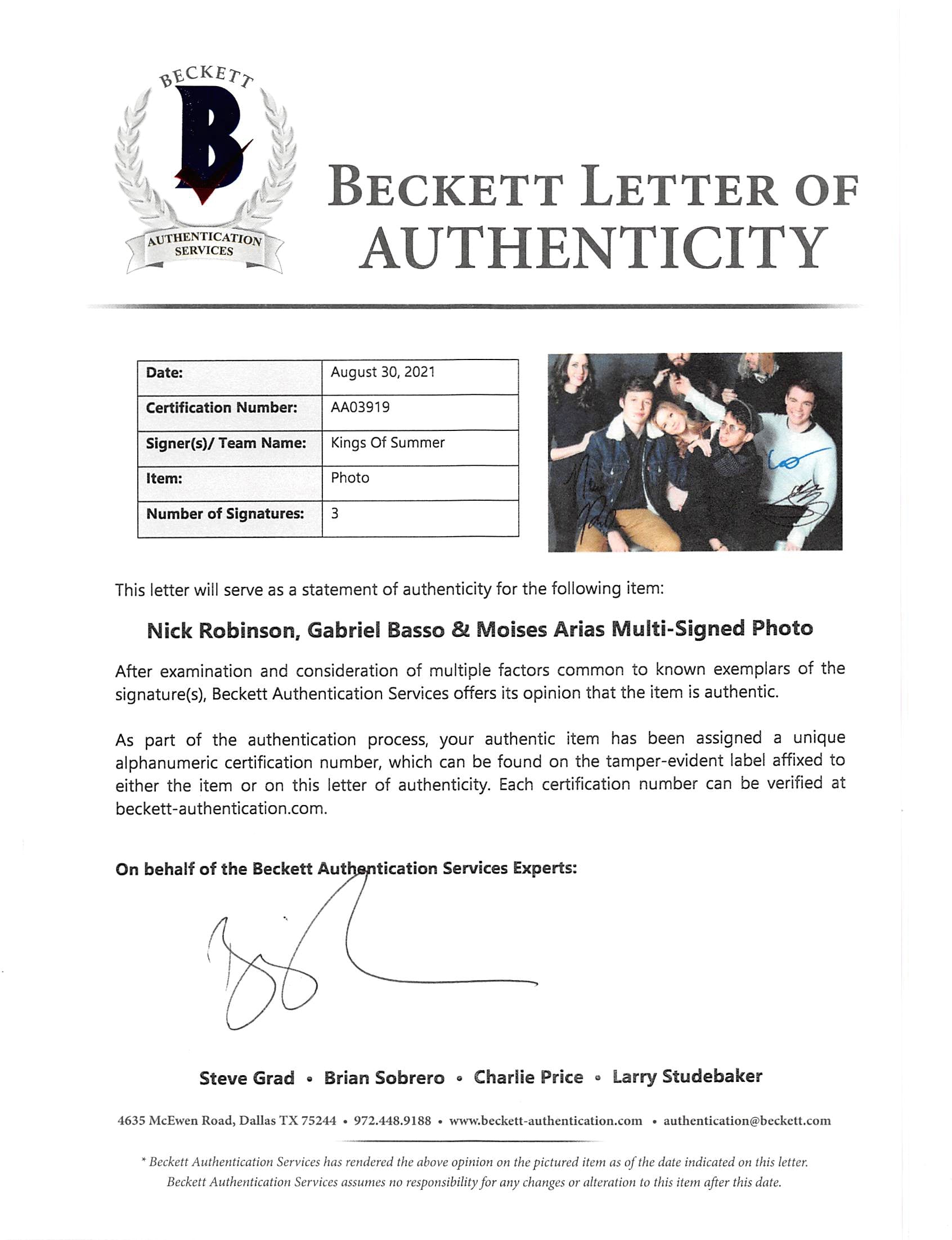 The Kings of Summer (3) Robinson, Basso & Arias Signed 11x14 Photo BAS #AA03919