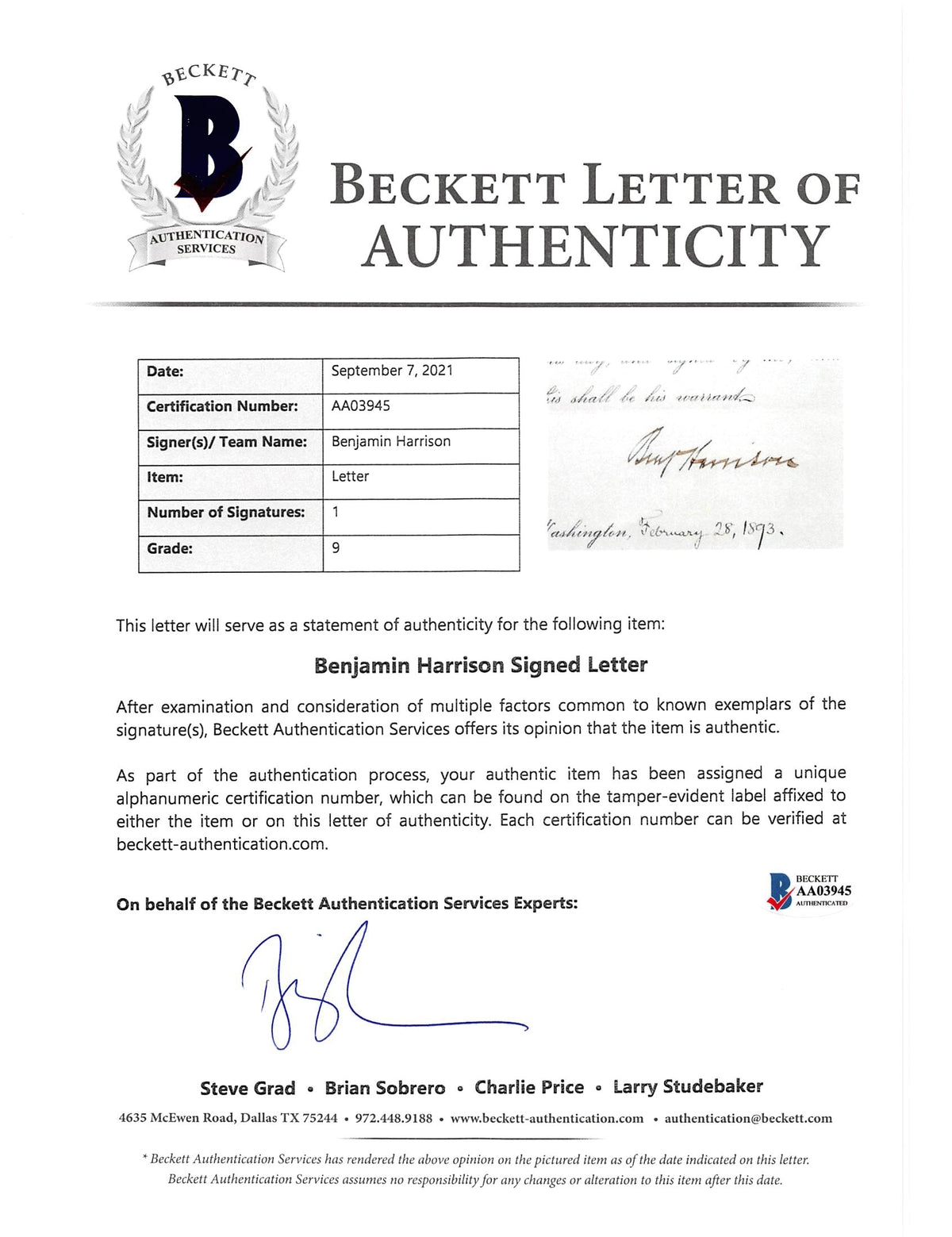 Benjamin Harrison Authentic Signed 8x10 1893 Letter Auto Graded 9! BAS #AA03945