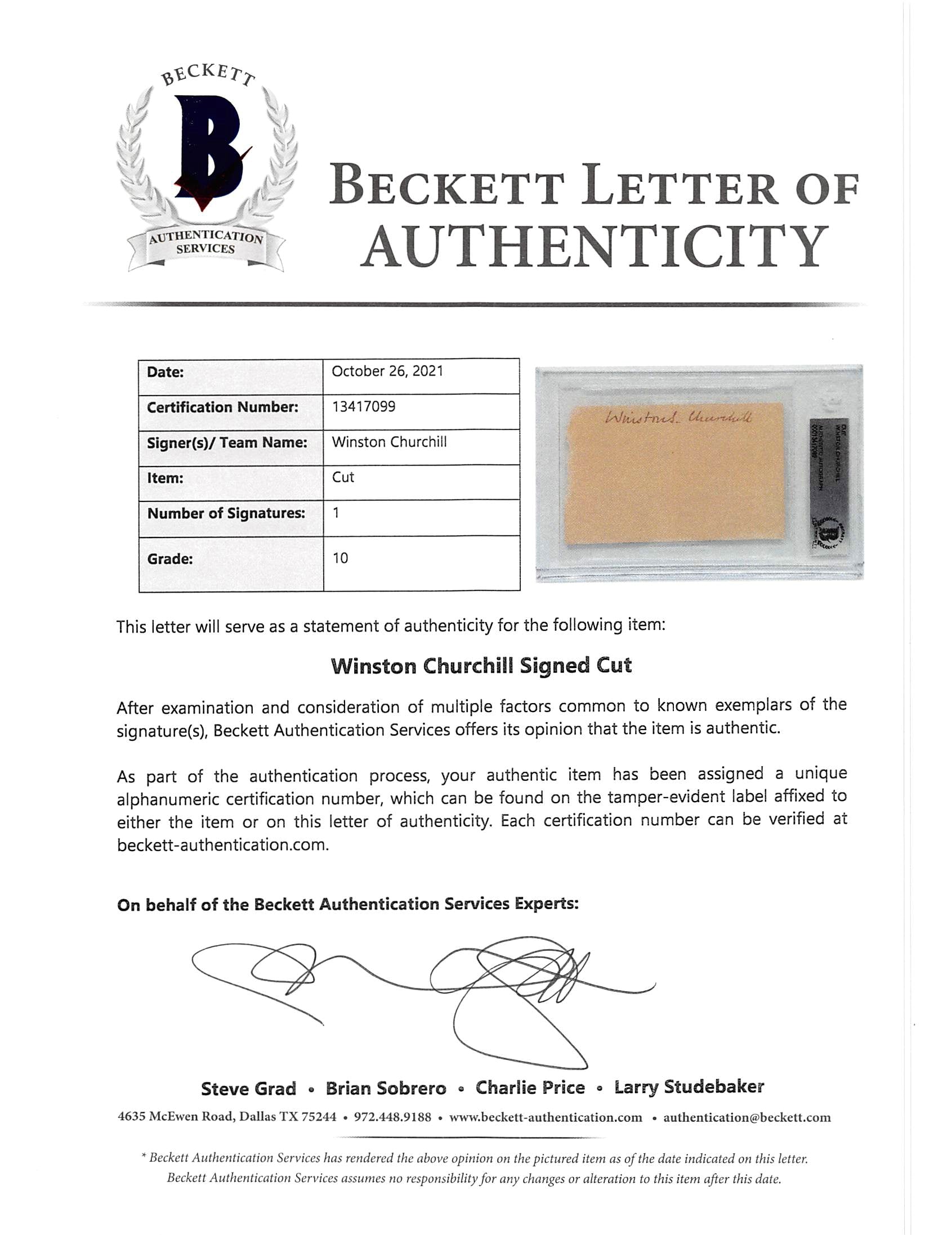 Winston Churchill Authentic Signed 2.1x3.5 Cut Signature Auto 10! BAS Slabbed