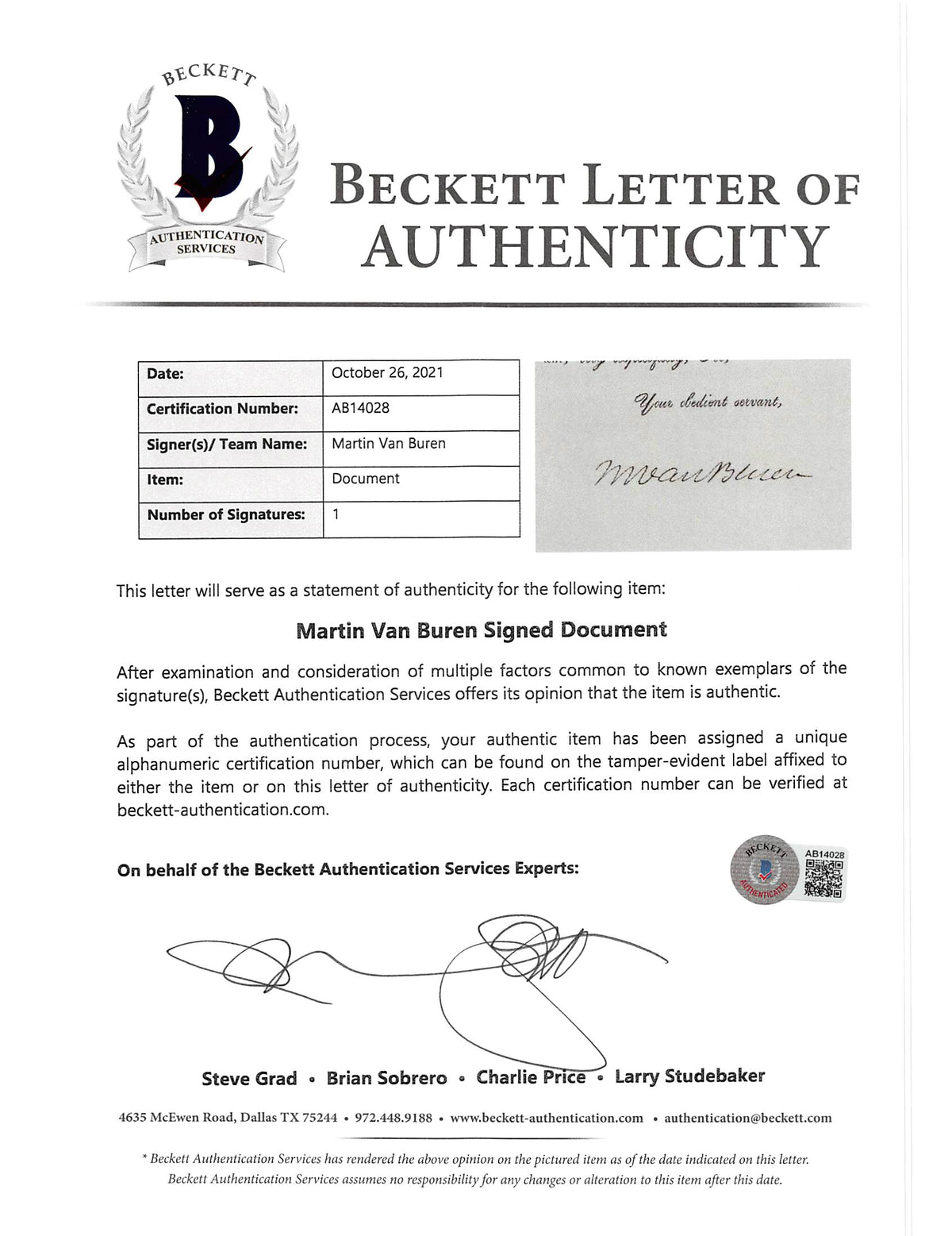 Martin Van Buren Authentic Signed 8x9.5 1829 Letter As Secretary Of State BAS